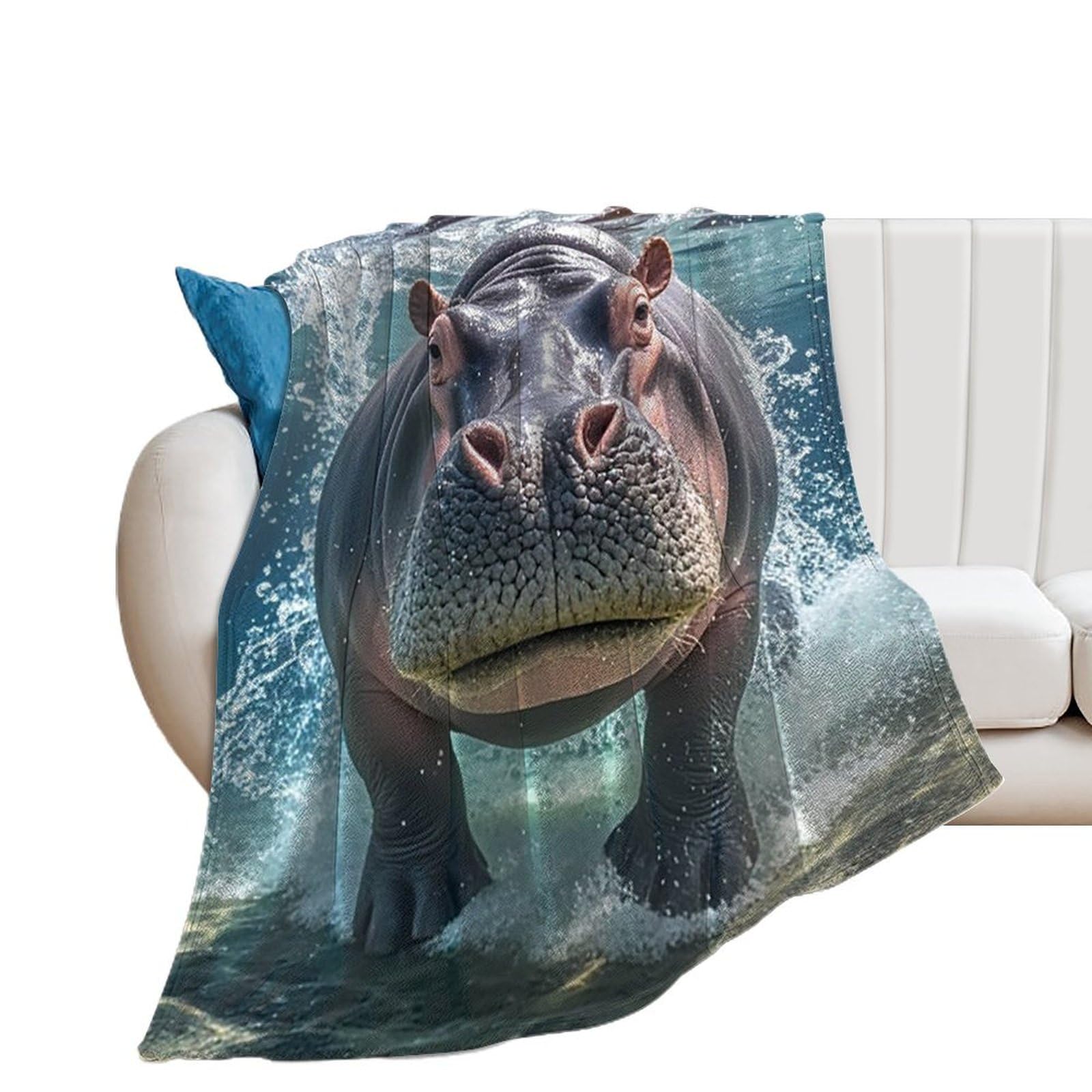 Couverture flanelle hippopotame pour cocooning - Décoration d'automne et soirées canapé
