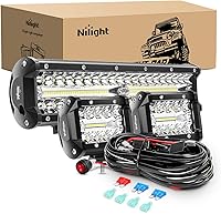 Nilight 12 Inch 300W Triple Row LED Light Bar Set + 2x 4" 60W Pods & 3-Lead Wiring Harness - IP67 Off-Road ATV Boat Lights