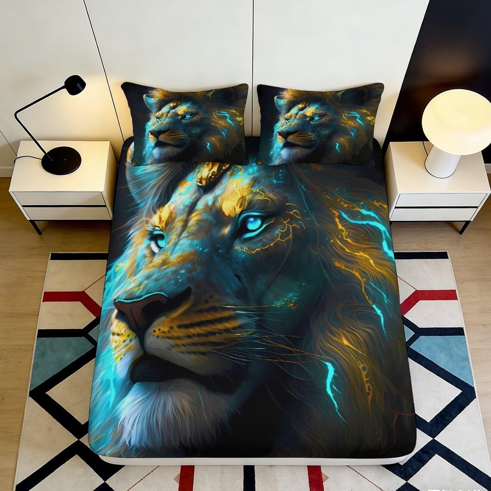 3D Printed Lion Head Fitted Sheet Microfiber Soft Breathable Wild Animal Mattress Cover for Bedroom Decor 90x200x25cm