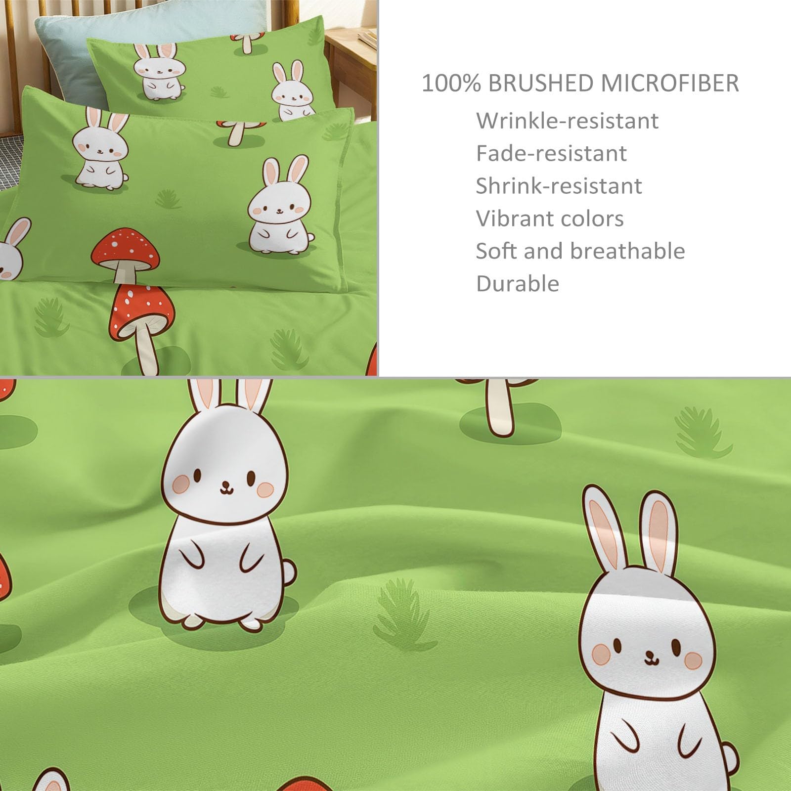 Cartoon biały królik, czerwony grzyb, pościel 200 x 220 cm, zielona, dla dziewcząt, dzieci, nastolatków, dwustronna, chłodząca poszewka na kołdrę z mikrofibry, z zamkiem błyskawicznym i poszewką na