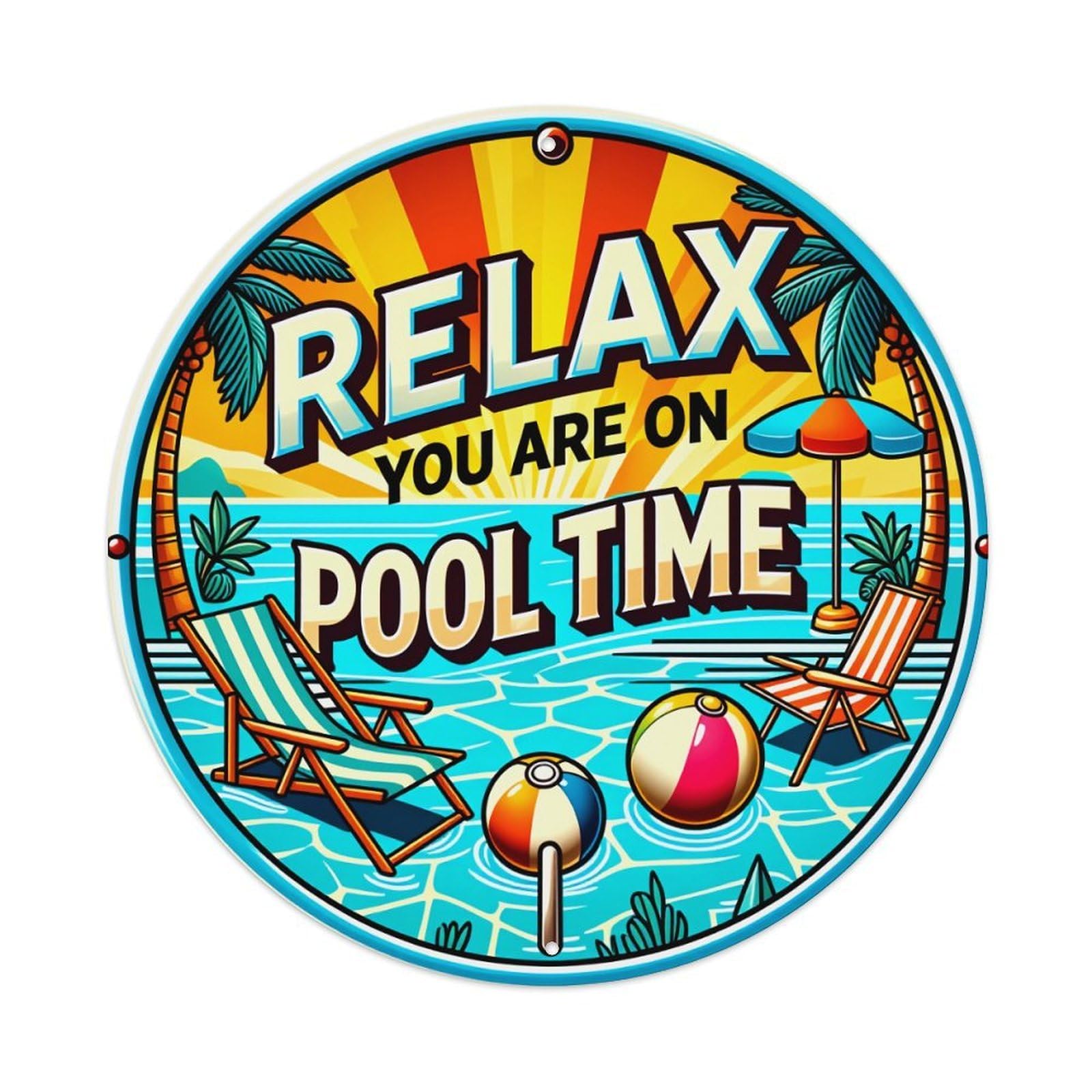 Relax You Are On Pool Time Round Tin Sign Vintage Metal Poster Retro Bar, Home, Man Cave, Kitchen, Laundry Room Wall Art Decor Gift 8x8Inch