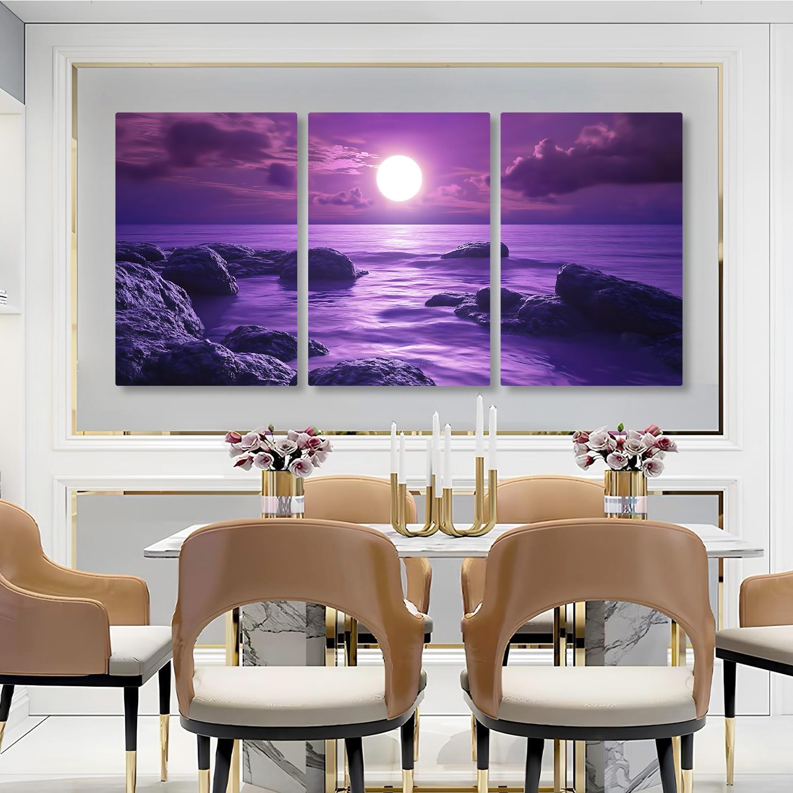 Rumftozyb Purple Sunset Canvas Wall Art, Moon Over Ocean Canvas Print, Seascape Wall Art, Beachy Wall Decor, Purple Room Decor Aesthetic, Ocean Wall