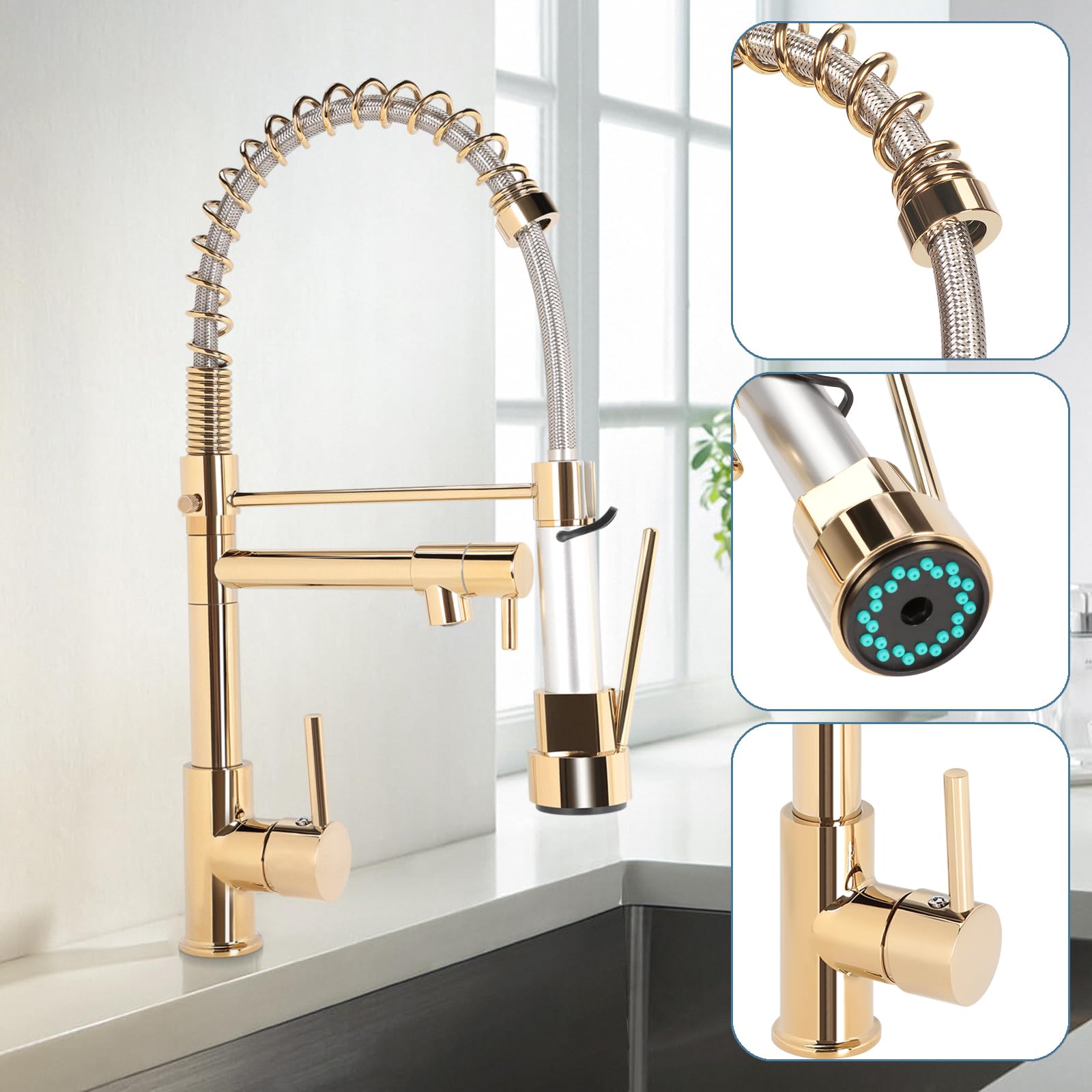 Rubinetto Cucina Girevole 360° Con Doccia Estraibile - Lega Di Rame, 2 Modalità Getto, Cromato - Foto 4