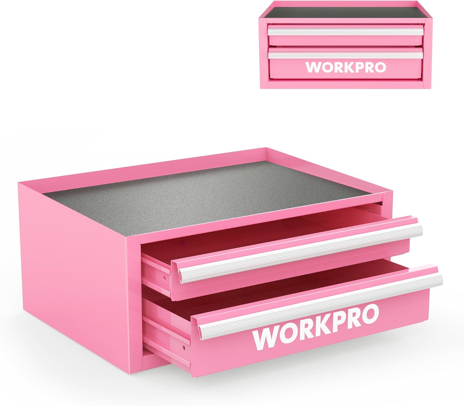 WORKPRO Mini caja de herramientas de 12.5 pulgadas con 2 cajones y 1 almacenamiento superior abierto, pequeño baúl de herramientas de metal con