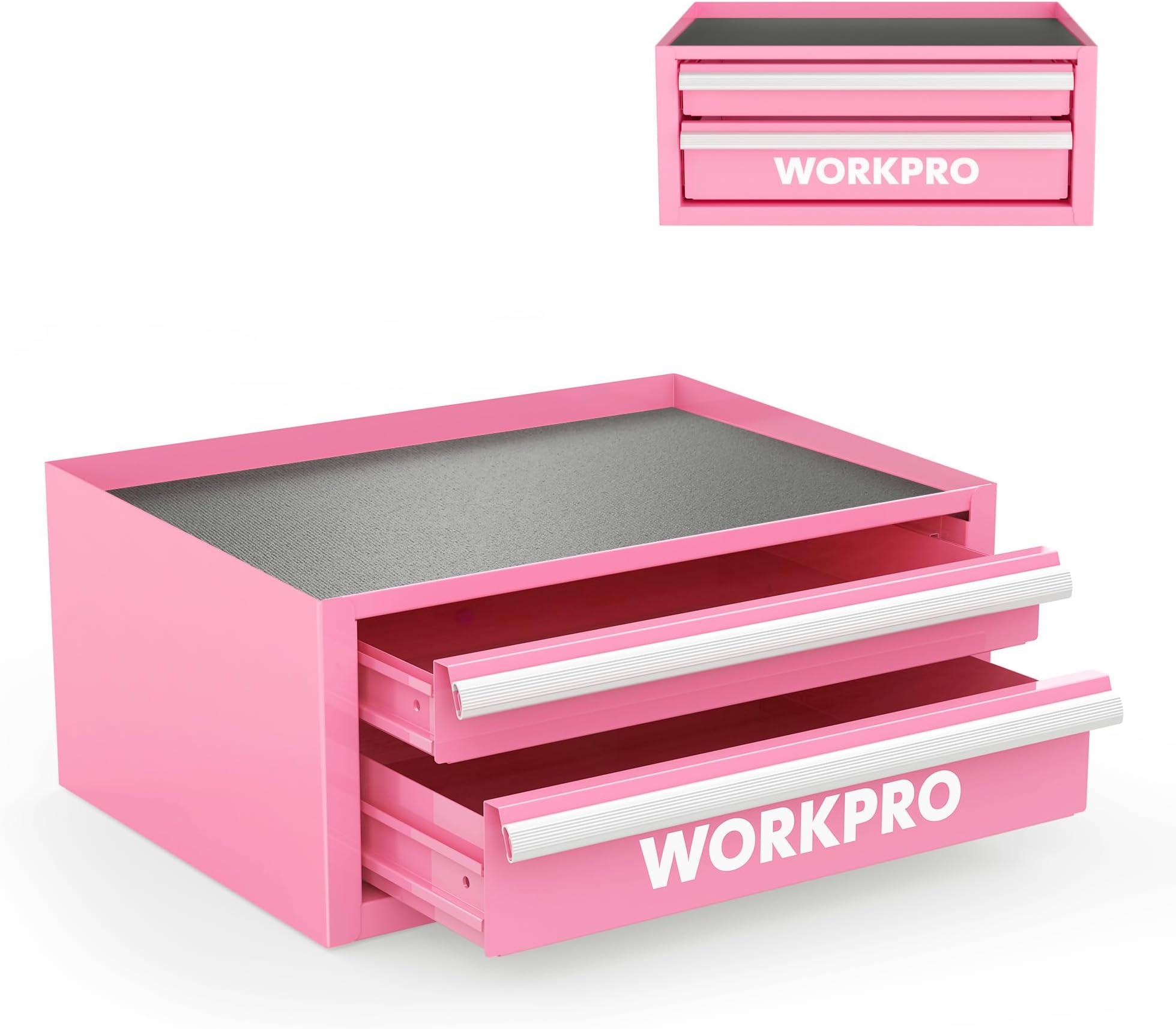 WORKPRO 12.5" Mini Tool Box with 2 Drawers & 1 Open Top Storage, Small Metal Tool Chest with PVC Liners & PP Feet Pads, Cold Rolled Steel Toolbox with Drawer Liners & Magnetic Tabs - Pink Ribbon
