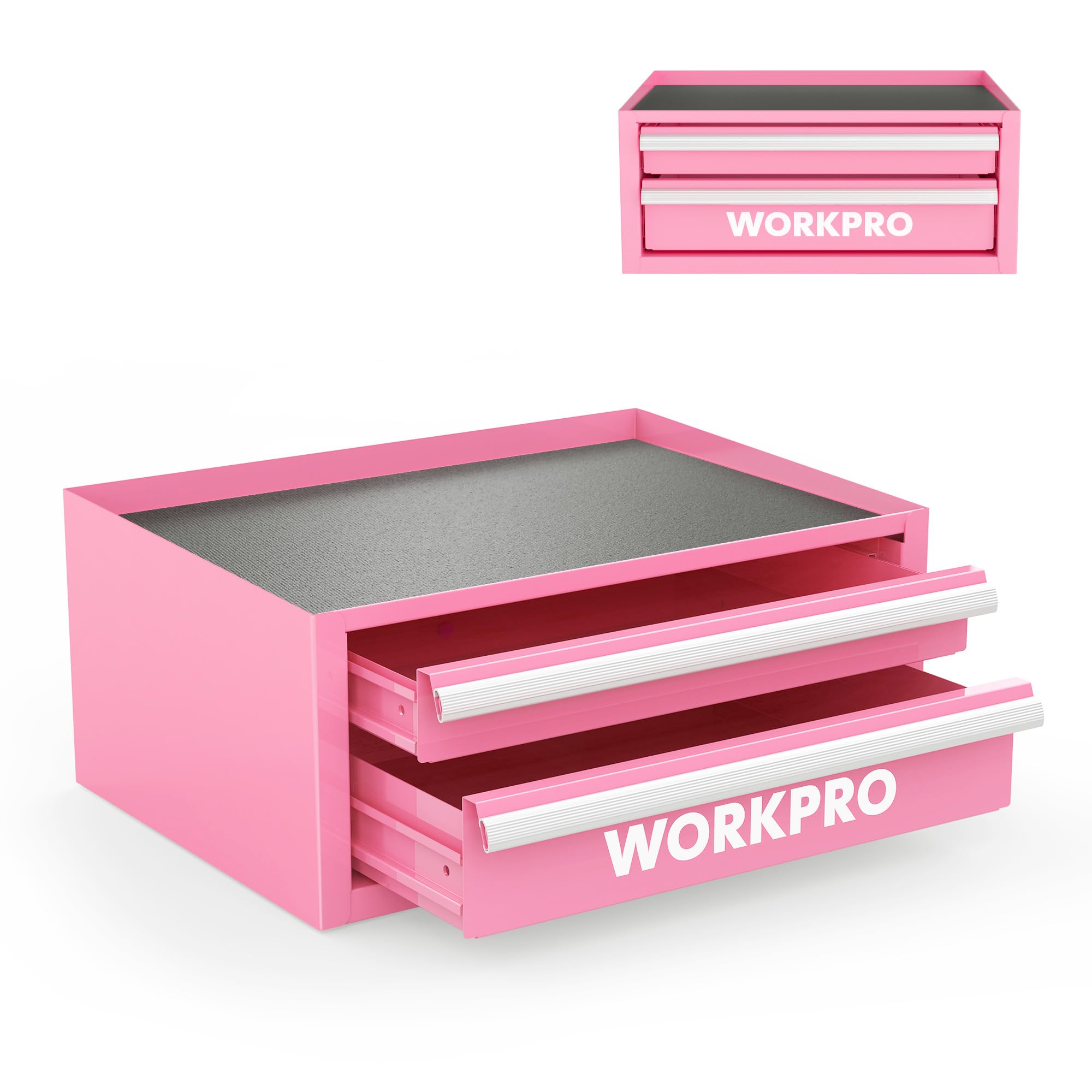 WORKPRO 12.5" Mini Tool Box with 2 Drawers & 1 Open Top Storage, Small Metal Tool Chest with PVC Liners & PP Feet Pads, Cold Rolled Steel Toolbox with Drawer Liners & Magnetic Tabs - Pink Ribbon