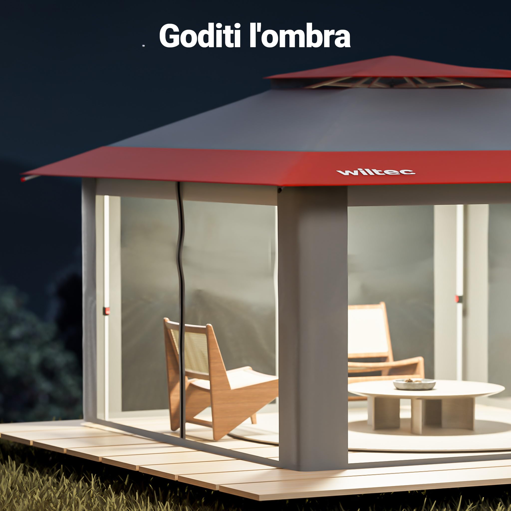 Wiltec Gazebo pieghevole con zanzariera, grigio rosso 3,92 x 3,92 m, impermeabile, UV 50+, Tendone per feste