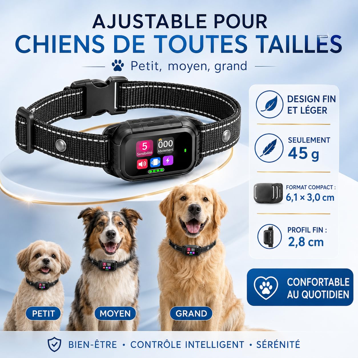 Collier Anti-Aboiement 2026, éTanche Rechargeable, 3 Modes Bip/Vibration/Choc éLectrique, Collier Chien EntièRement Automatique à IA, 5 Niveaux De RéGlage, Convient à Toutes Les Races De Chiens (Noir)