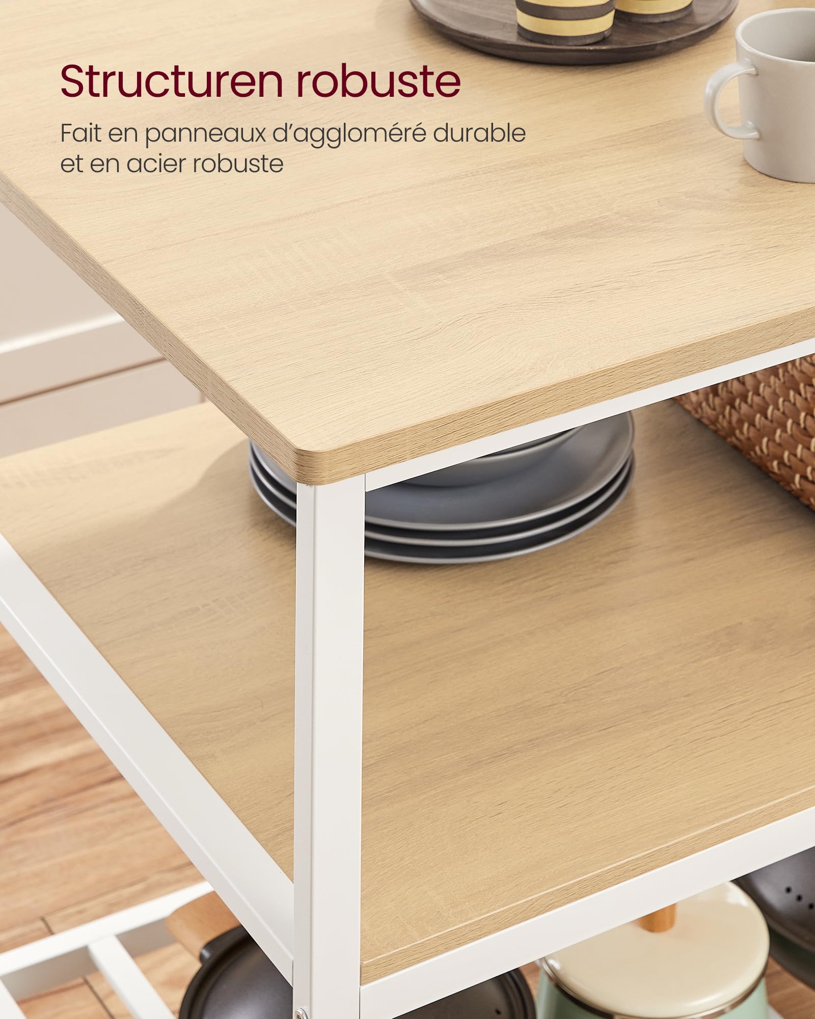 VASAGLE Îlot de Cuisine avec Grand Plan de Travail, Étagère de Cuisine à 3 Niveaux, Cadre en Acier, 60 x 120 x 90 cm, Style Moderne, Montage Facile, Couleur Chêne et Blanc KKI001W09