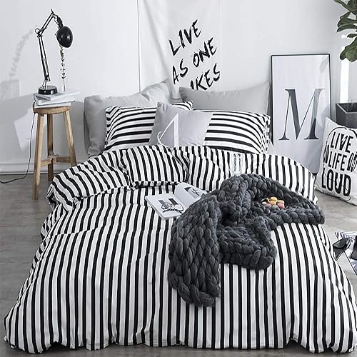 Miniatura 7 de Juego de edredón a rayas blancas y negras, juego de cama para mujer, suave y duradero, edredón de calidad hotelera, juego de cama para niñas y