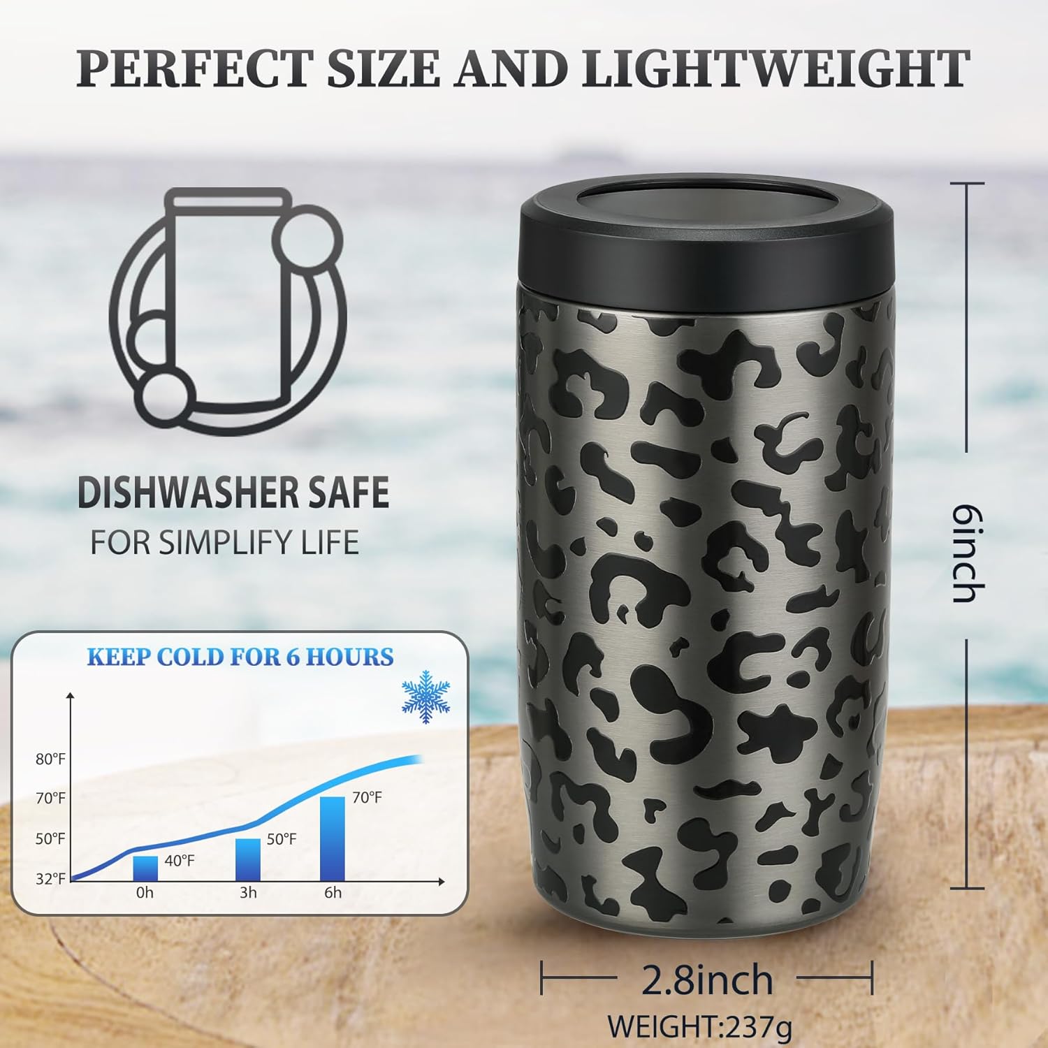 MAXSO Slim Can Cooler, 4-in-1 Double Walled Stainless Steel Insulated Beer Can Holder, Works With All 12 Oz Cans,Bottles & As A Pint Cups - Black Leopard - Image 2