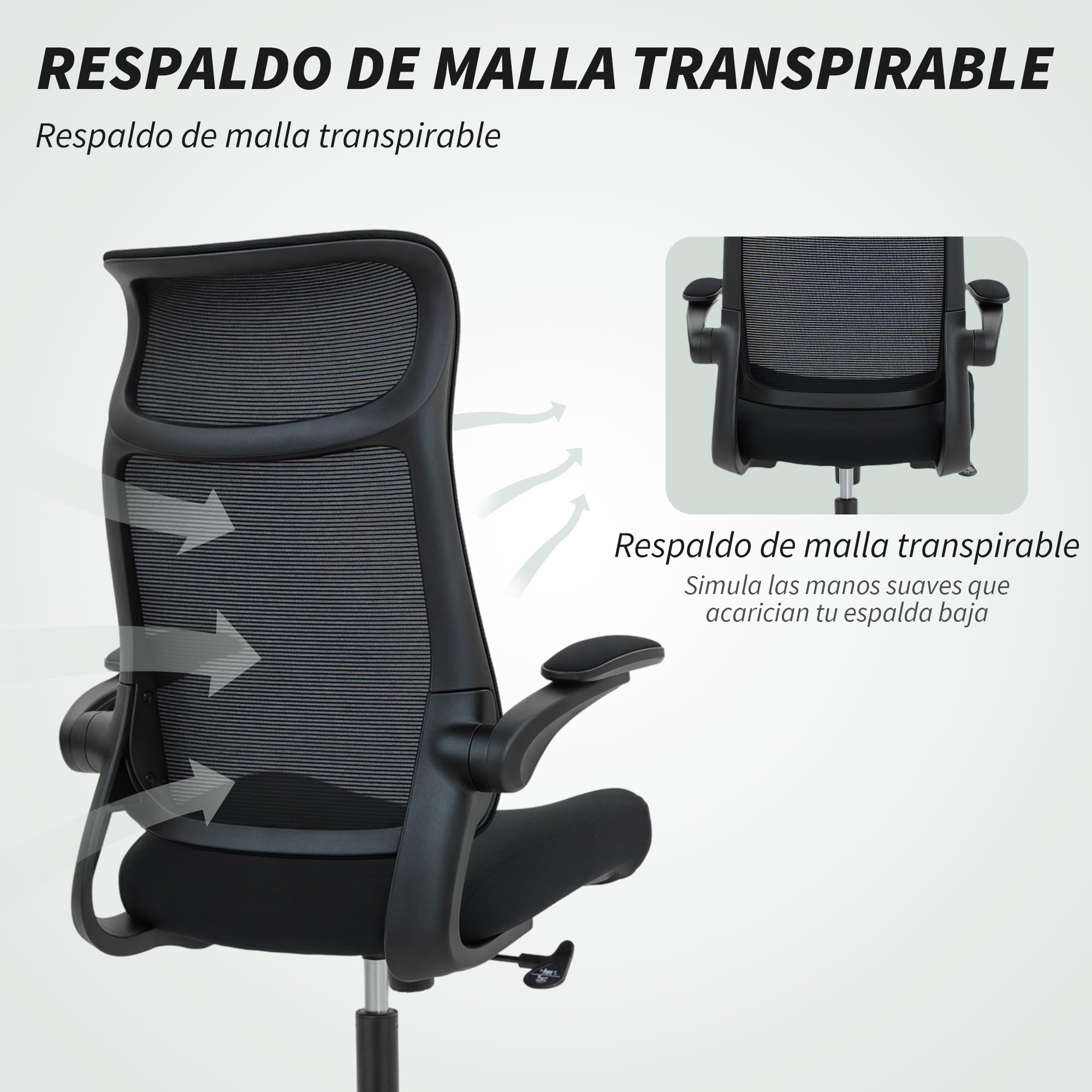 HOMCOM Silla de Oficina Ergonómica Giratoria con Soporte Lumbar Negro | Reposabrazos 3D Abatibles, Silla de Escritorio de Malla Transpirable, Reposacabezas Integrado, Basculante, Altura Ajustable