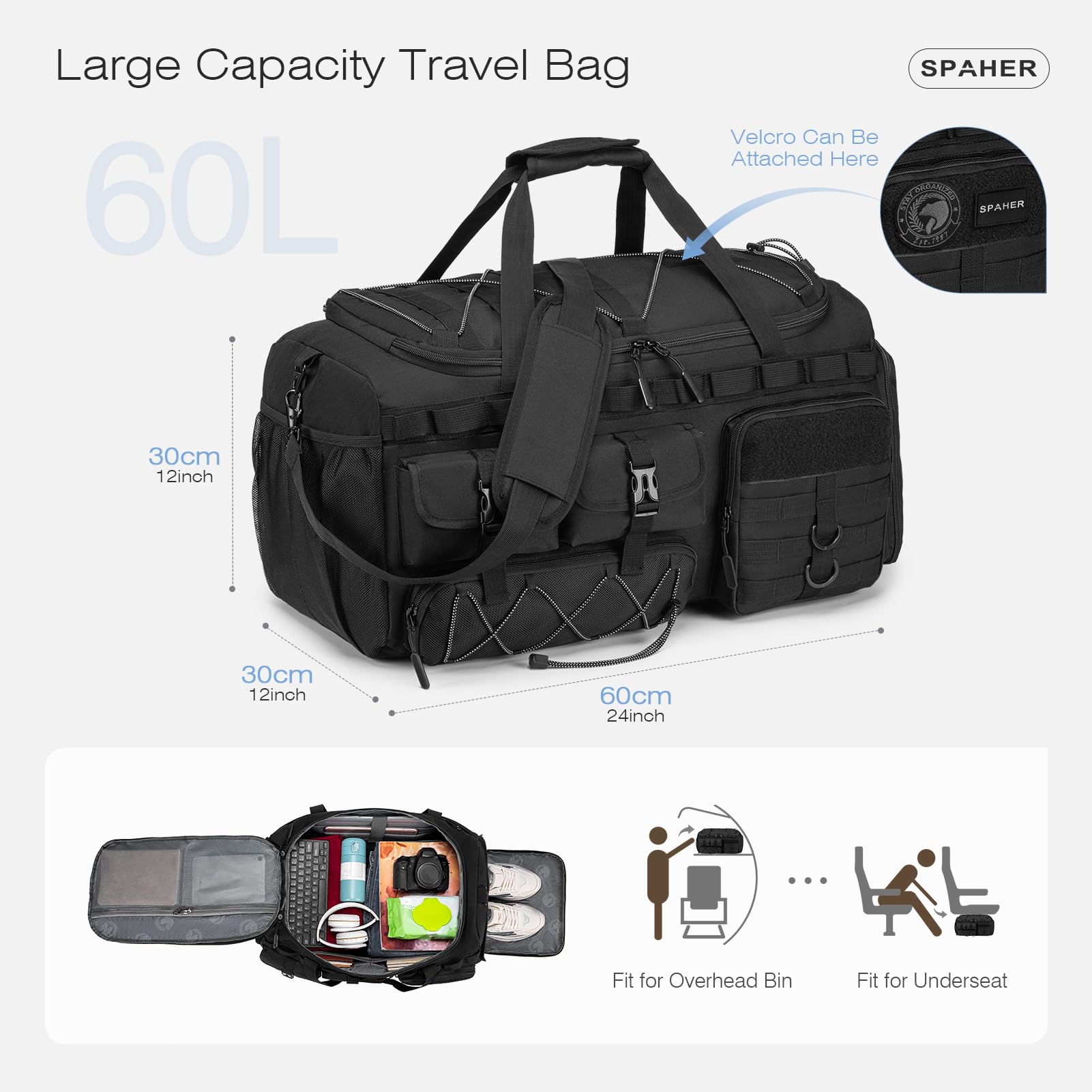 SPAHER 3 en 1 Sac de Sport Voyage Grand 60L Sac à Dos Tactique Homme, Noir | Compartiments Chaussures & Humide, Style Tactique, Bandoulière Rembourrée Amovible, pour Sport, Randonnée, Camping, Natation