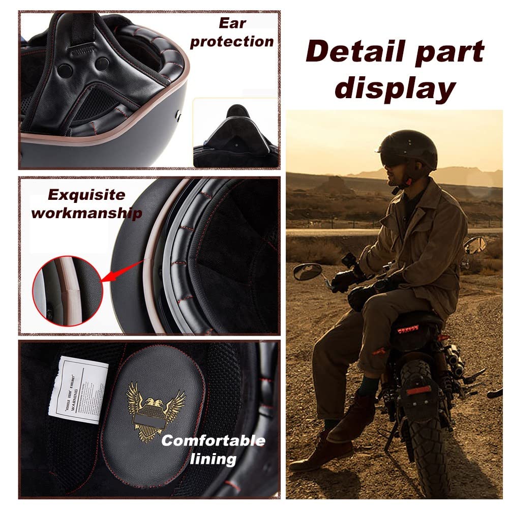 Demi Casque De Moto, Casque Jet Rétro, Casque Bol Moto Homologué ECE, Casques Vintage à Face Ouverte, avec Pare-Soleil et Doublure Intérieure Amovible, pour Vélos Motos Scooter