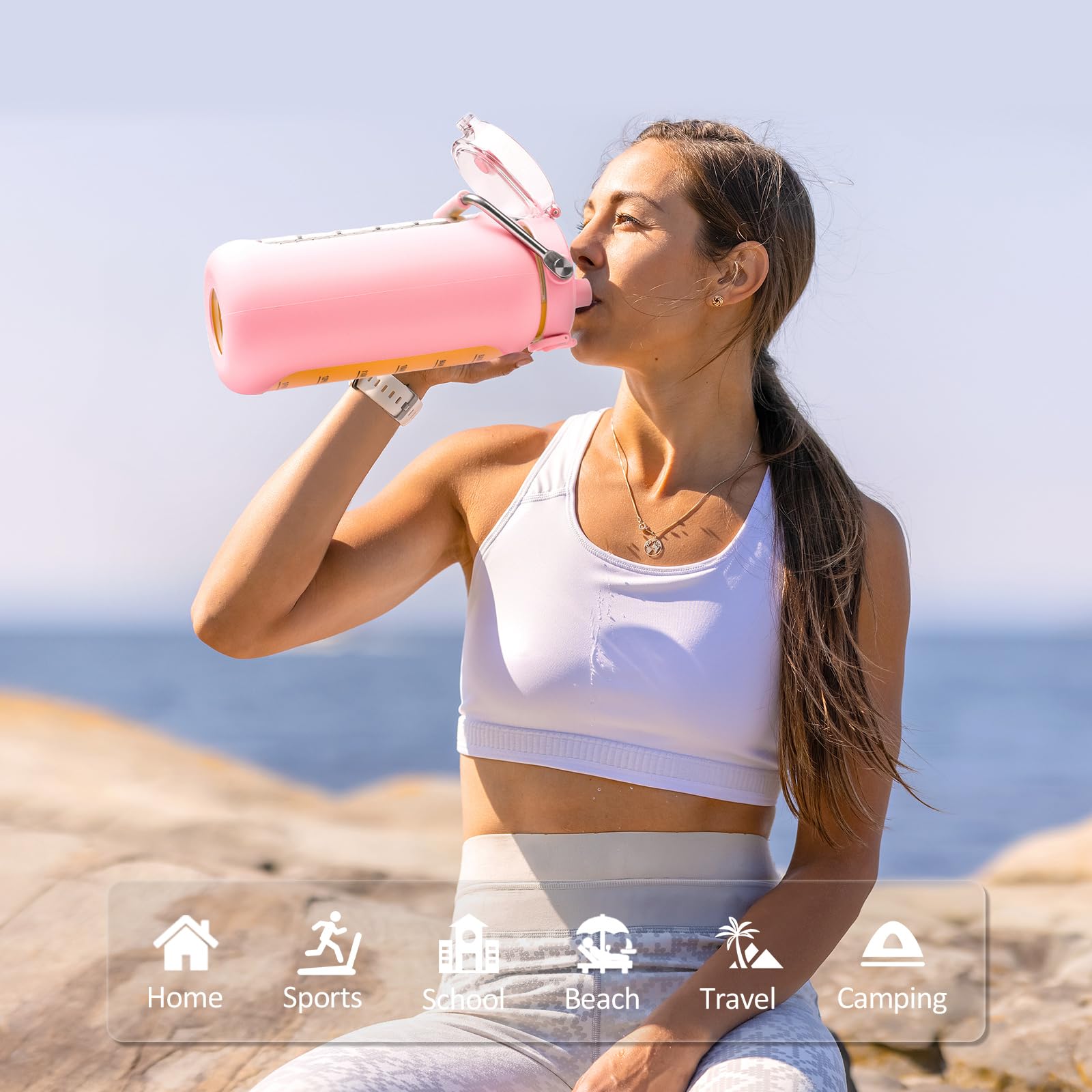 BLUEGO 2L Bottiglia d'acqua in vetro con manico in acciaio inox, manicotto in silicone e cannuccia per palestra, ufficio e sport all'aperto, senza BPA, Rosa