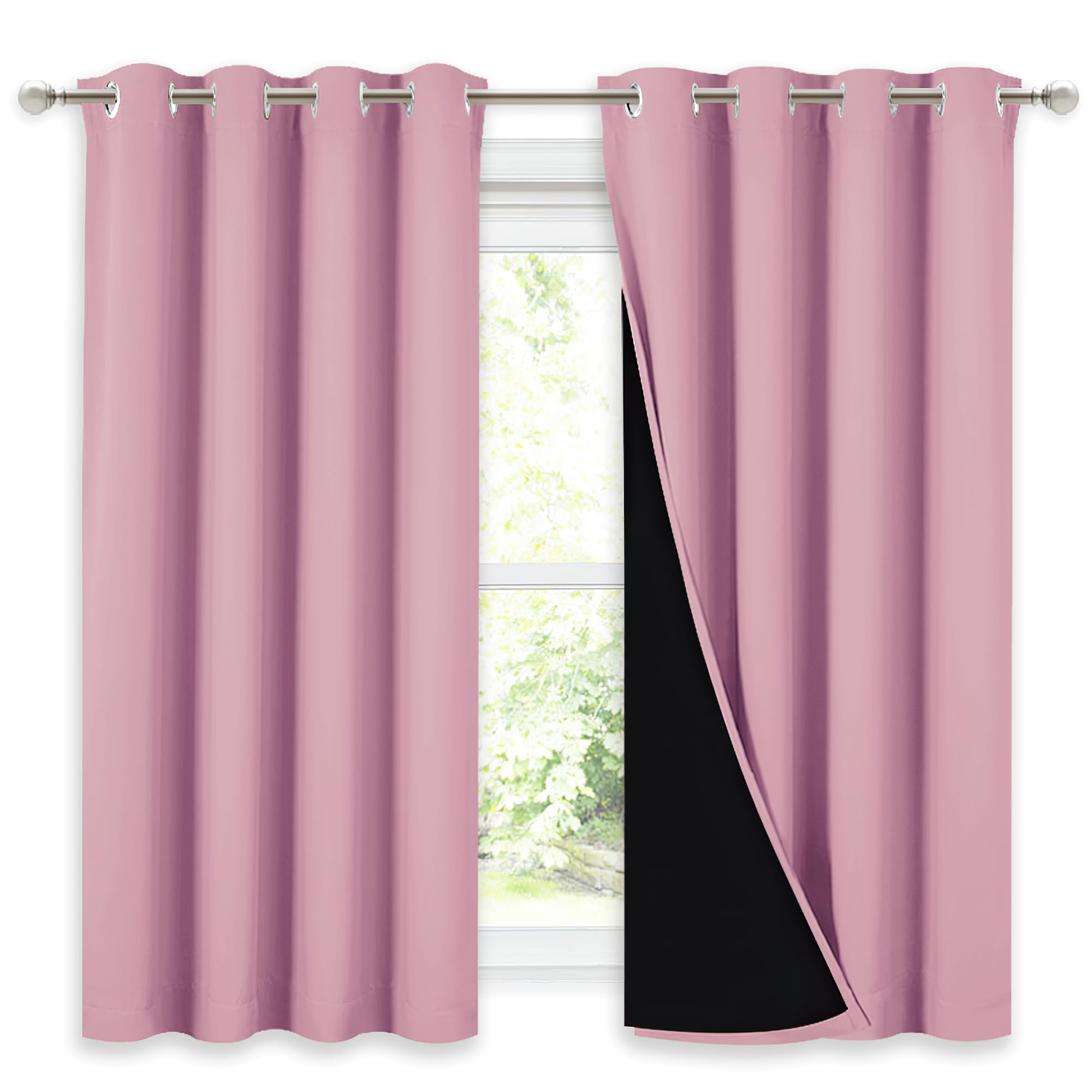 NICETOWN 100% Blackout Curtains with Black Liners, Thermal Insulated Full Blackout 2-Layer Lined Drapes, Noise Cancellation Window Draperies for Dining Room (Crystal Pink, 2 Panels, 52" W by 54" L)