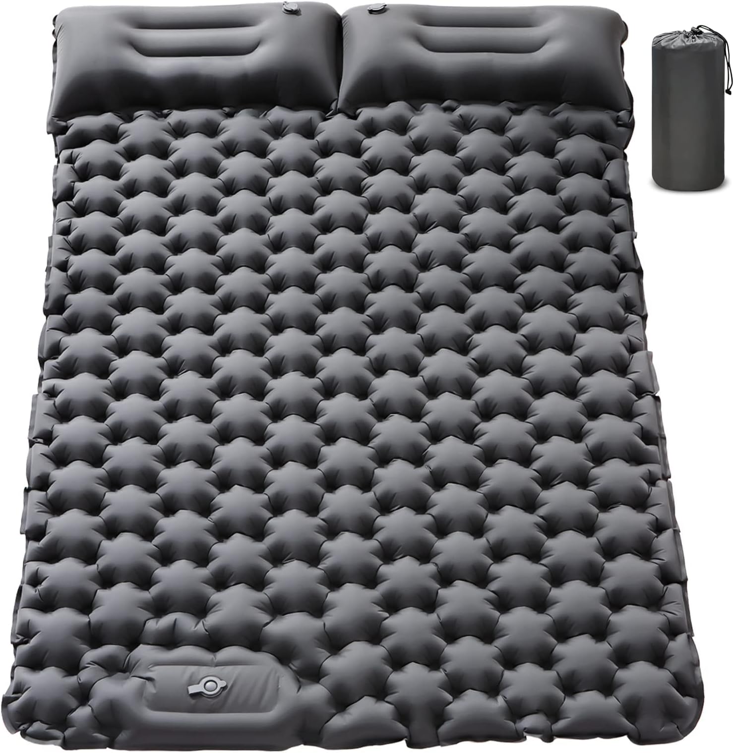 Double Sleeping Pad Camping, Self Inflating 4'' Extra-Thick 2 Person Pillow Built-in Foot Pump Waterproof Inflatable Sleeping Mat Backpacking, Tent, Hiking, Portable Camping Pad (Grey-Full)