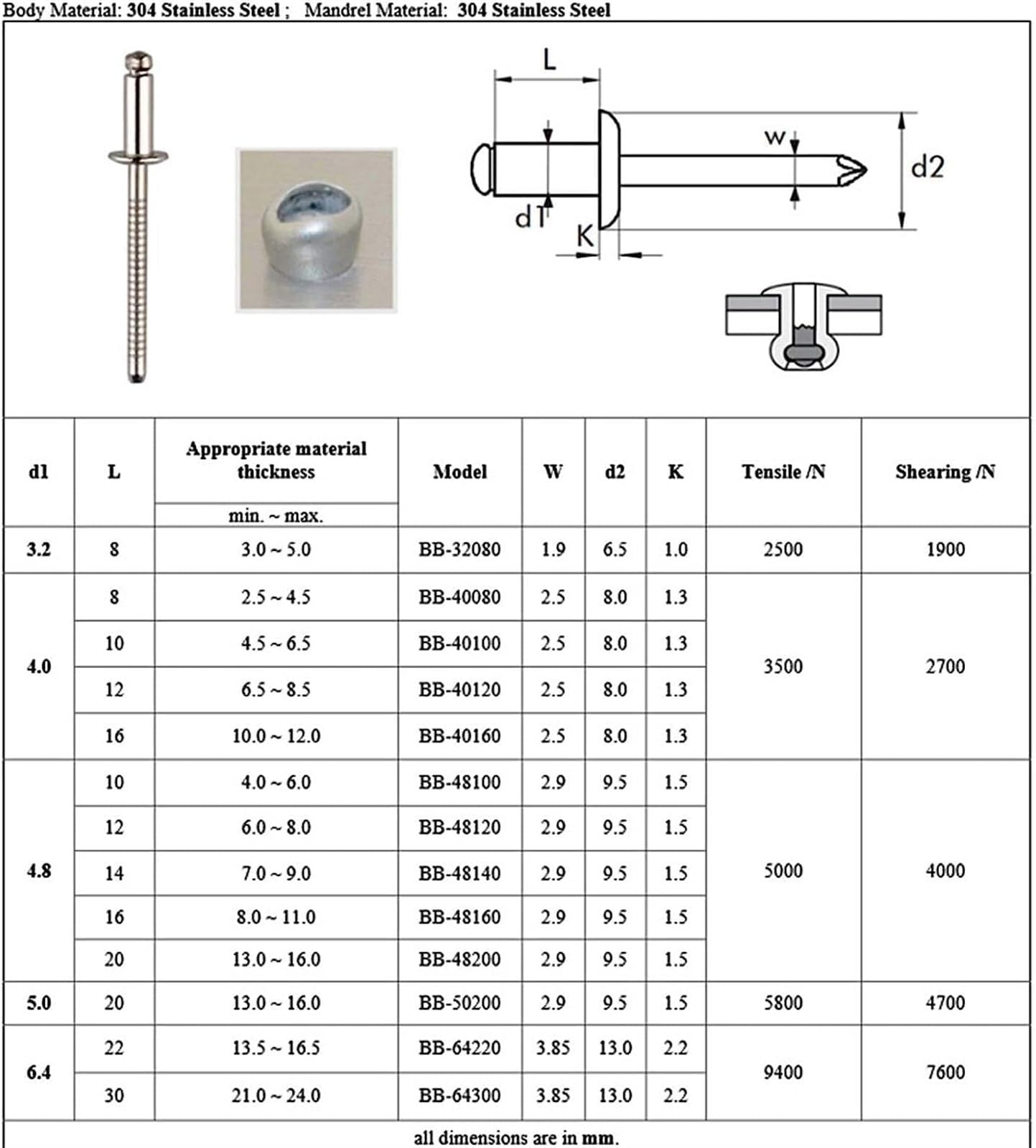Rivetti di fissaggio Nutsert, viti bulloni, 200 rivetti ciechi in acciaio inossidabile 304 M3.2 M4.0 M4.8 M5.0 Testa a cupola Nucleo aperto Decorazione a trazione (200 pezzi, lunghezza stelo: 3,2x8) (