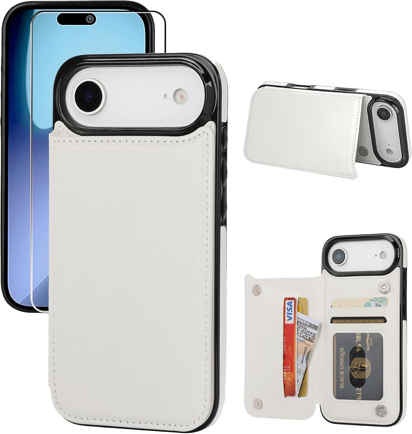Compatible with iPhone 17 Air Wallet Case with Card Holder, PU Leather Kickstand Card Slots Case with Screen Protecor, Double Magnetic Clasp and Durable Shockproof Cover 6.6 "-White