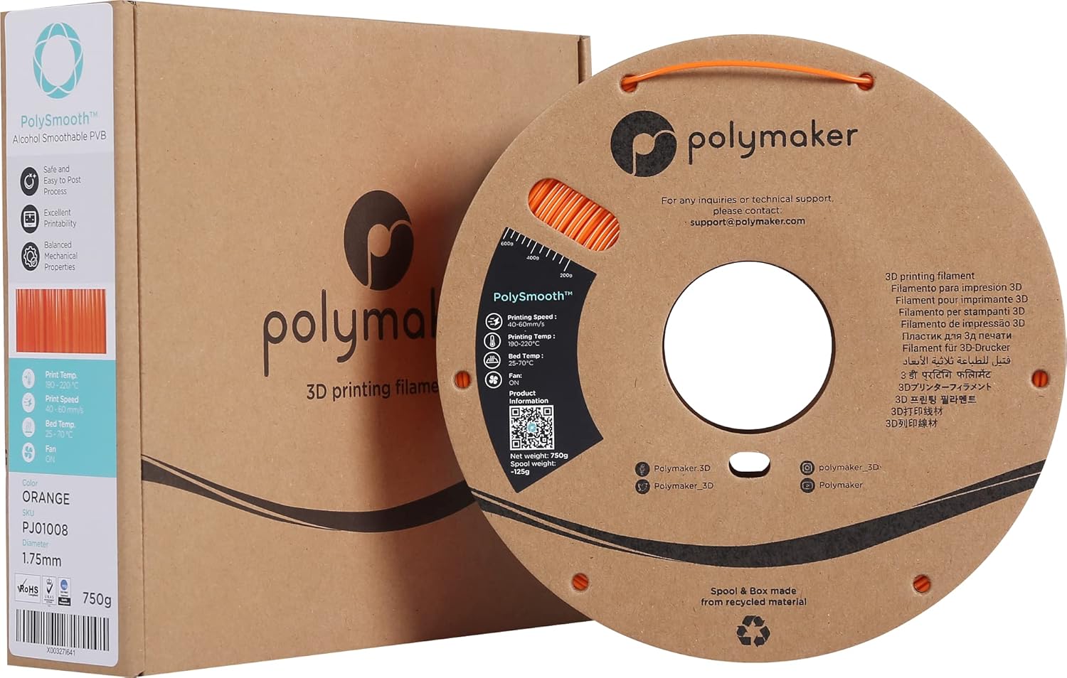 Polymaker PolySmooth PVB Filament 1.75mm 0.75kg Orange - Print Like PLA Filament, Easy Smoothable Post Process with IPA Alcohol