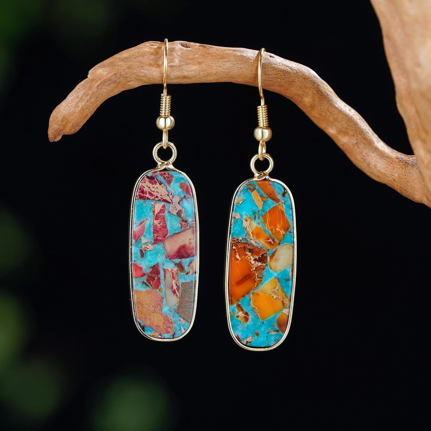 Natural Healing Jasper Stone Fishhoop Dangle Drop Earrings Statement Gold Earrings for Women - Image 3