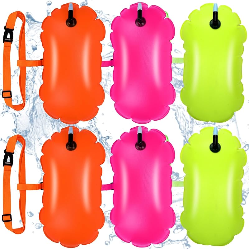 Paquete de 6 boyas de natación flotantes para seguridad en aguas abiertas, flotador de burbujas inflable para natación con cintura ajustable, boya de natación para nadadores