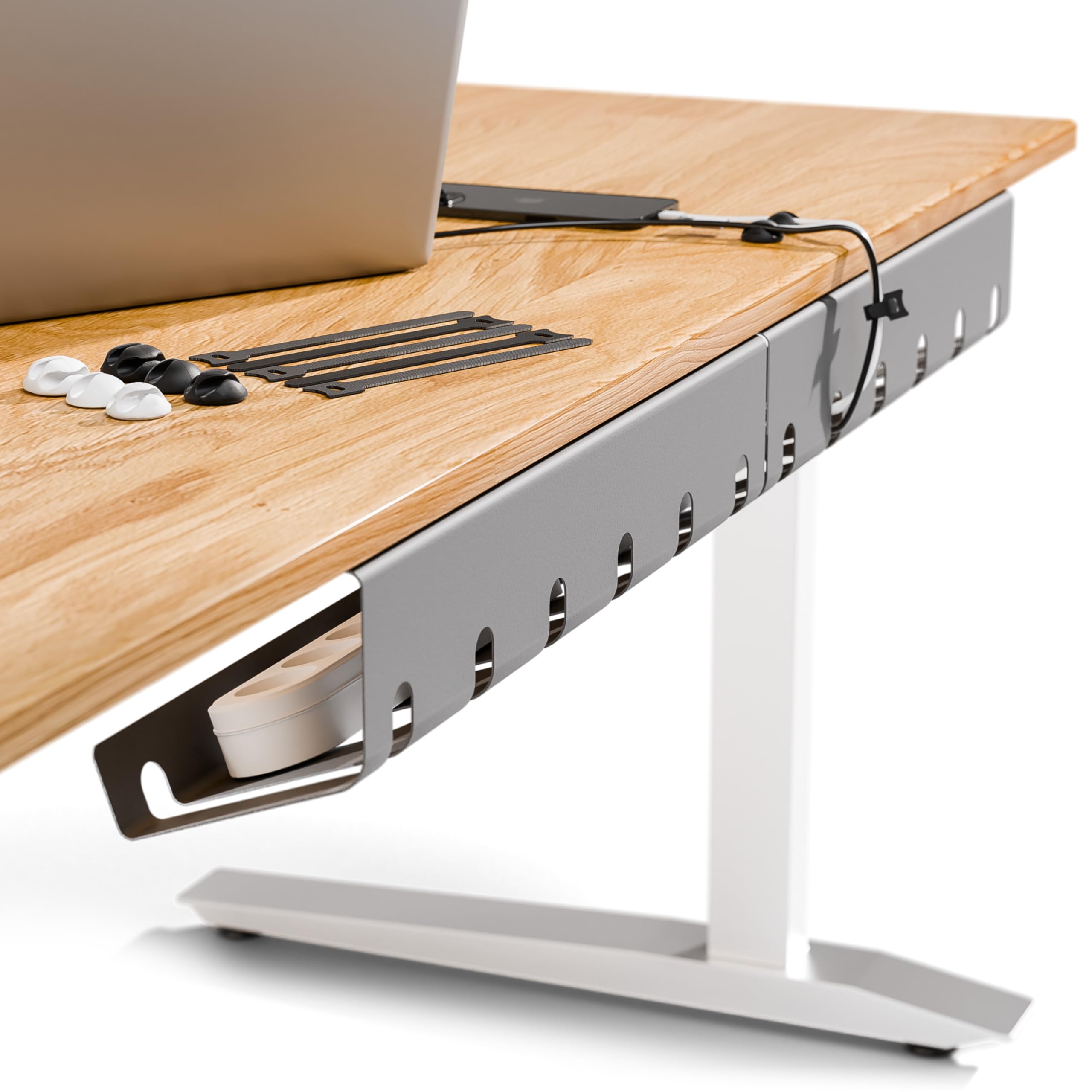 PAMO Cable Duct Desk Set of 2 for Easy Mounting Underdesk I Includes 10 x Velcro Cable Ties and Cable Clips I Desk Organiser for Office/Home Office Table