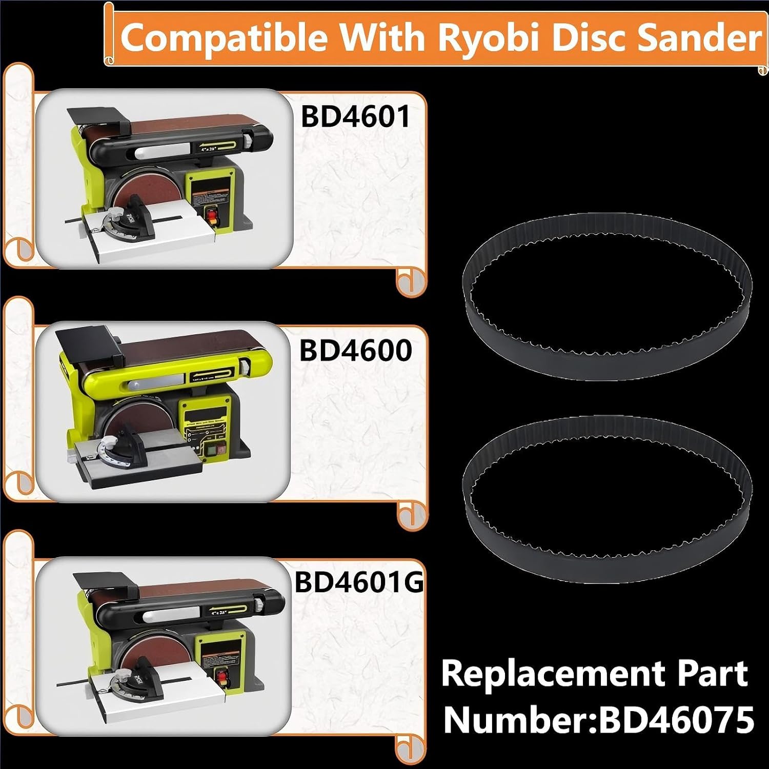 Cog Drive Belt BD4600 BD4601 BD4601G Fits Disc sander Replacement Compatibl BD46075 (2 Pack)