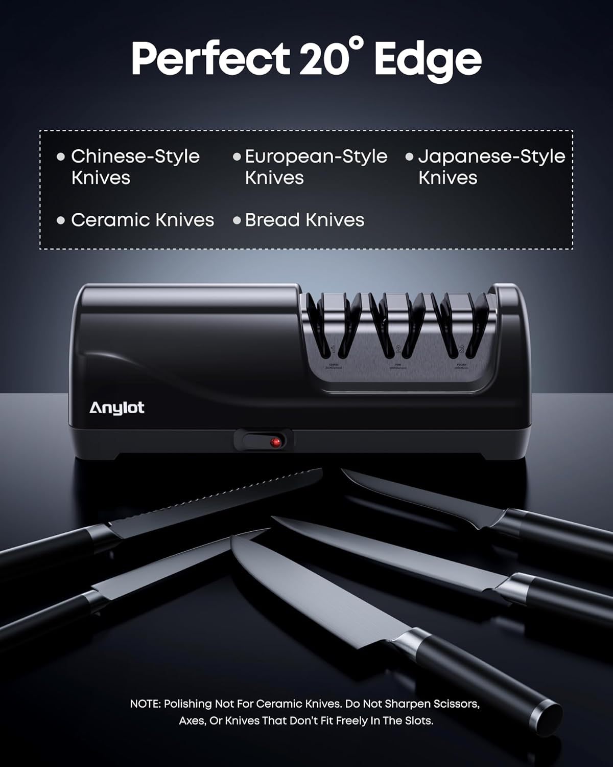 Electric Knife Sharpener for Kitchen, 3-Stage Knife Sharpener Electric with 100% Diamond Abrasives, 20° Precision Angle Guide, Fast & Safe Sharpening for Chef Knives, Home Use & Beginners (Black)