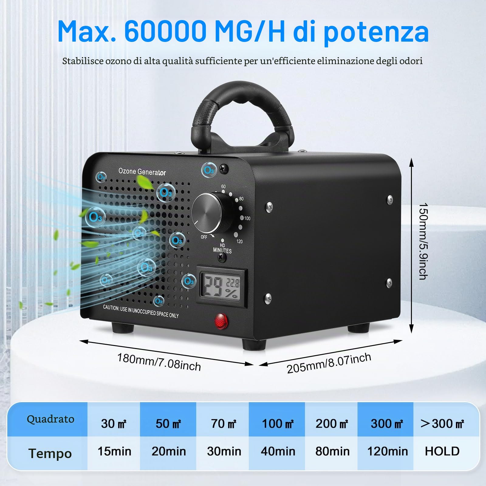 Generatore di Ozono 60000mg/h, Purificatore d'Aria Ozono per 300㎡, Macchina Ozono Alta Capacità O3 con Timer 120 Min, display di temperatura e umidità, Ozonizzatore per Casa Ambienti, Auto, Uffici