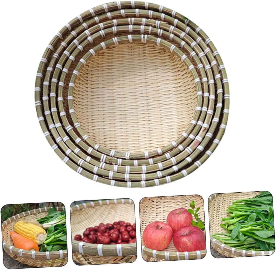 Bread Basket and Food Serving Tray Set, 5pcs round Drying and Storage Baskets, Natural Woven for Kitchen, Fruit, Bun, and Vegetable Drainage