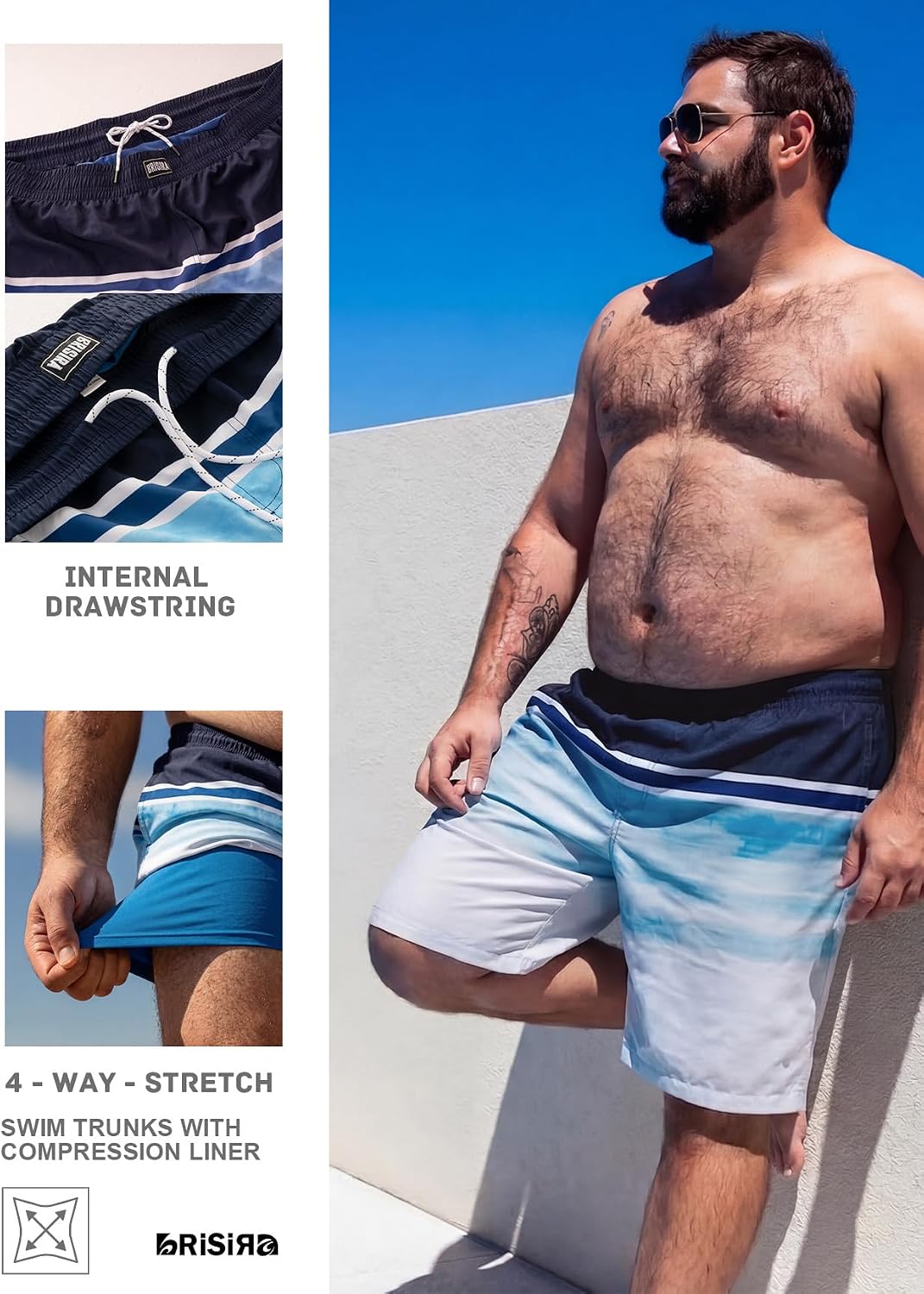 BRISIRA Big and Tall Swim Trunks for Men Compression Liner Bathing Suit Board Shorts Swimsuit Swim Short Quick Dry L-6XL