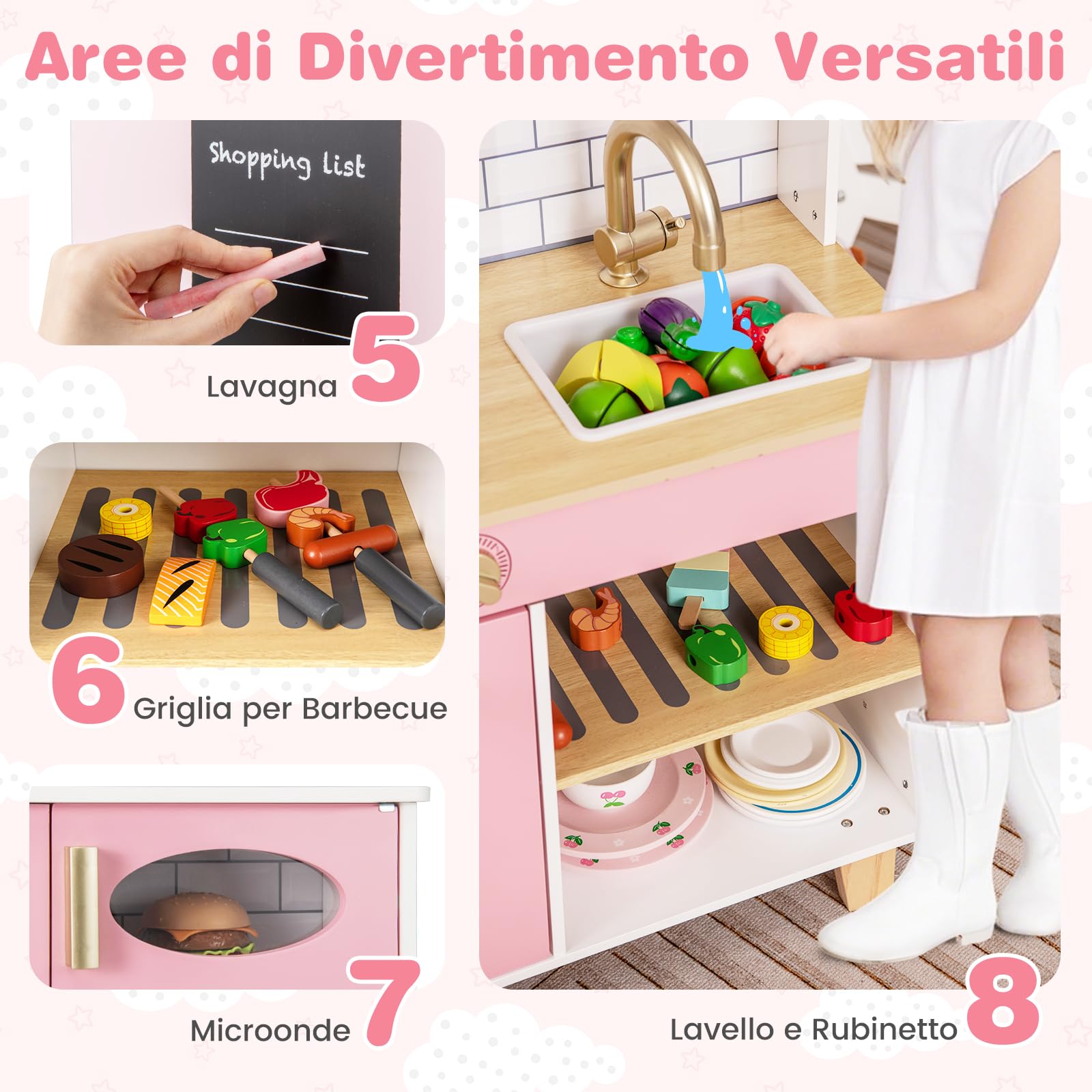 RELAX4LIFE Cucina Giocattolo per Bambini, Mini Cucina in Legno con Luci e Suoni Reali, Utensili da Cucina, Set Giocattoli per Bambini 3+ Anni, 30 x 92 x 98 cm (Rosa)
