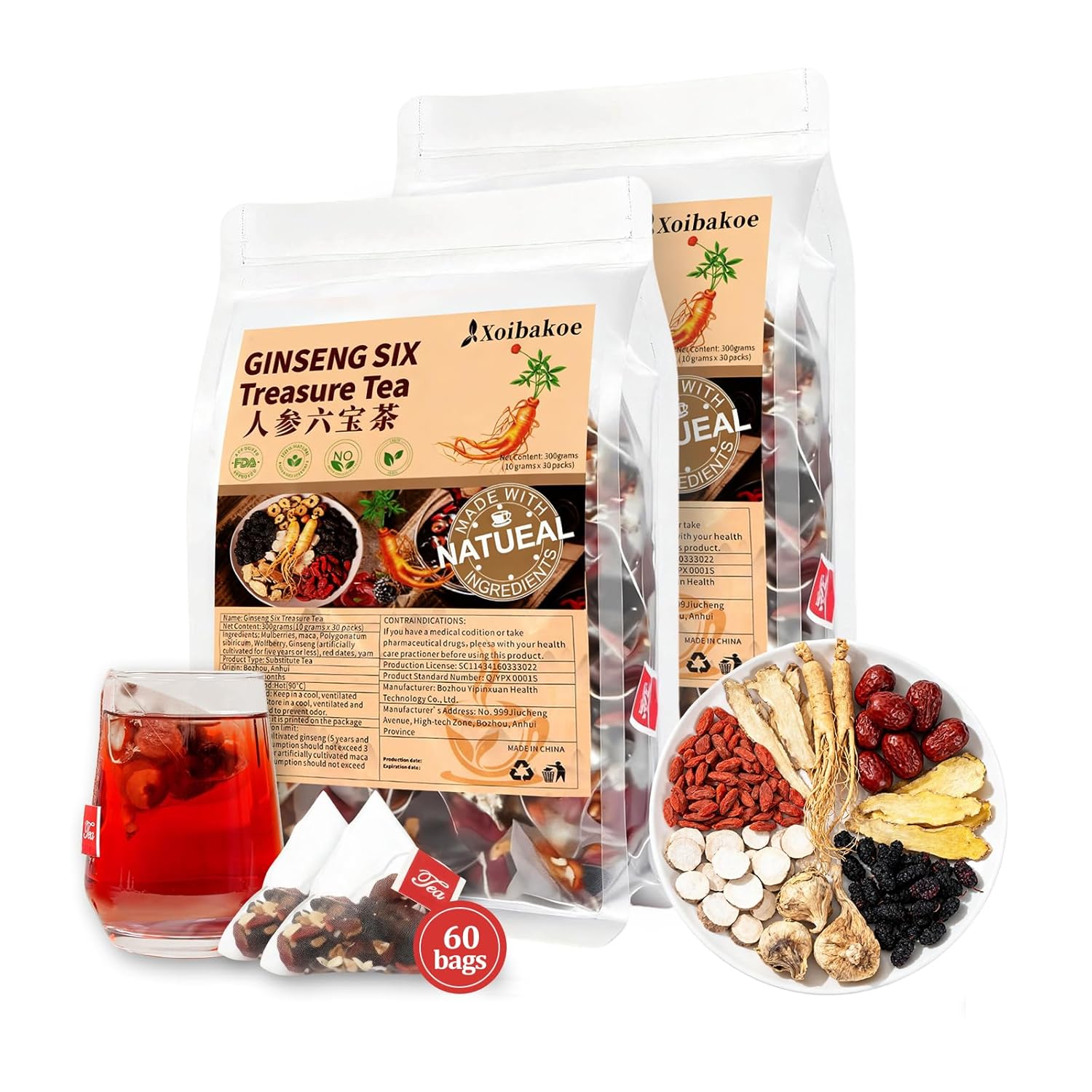 Kidney Tea Formula Ginseng Six Treasure Tea - Pure Natural Chinese Traditional Herbal Ginseng Six Treasure Kidney Detoxification Purification Tea Bag, Contains 7 Precious ingredient Formulas (60 bags/2 Pack)