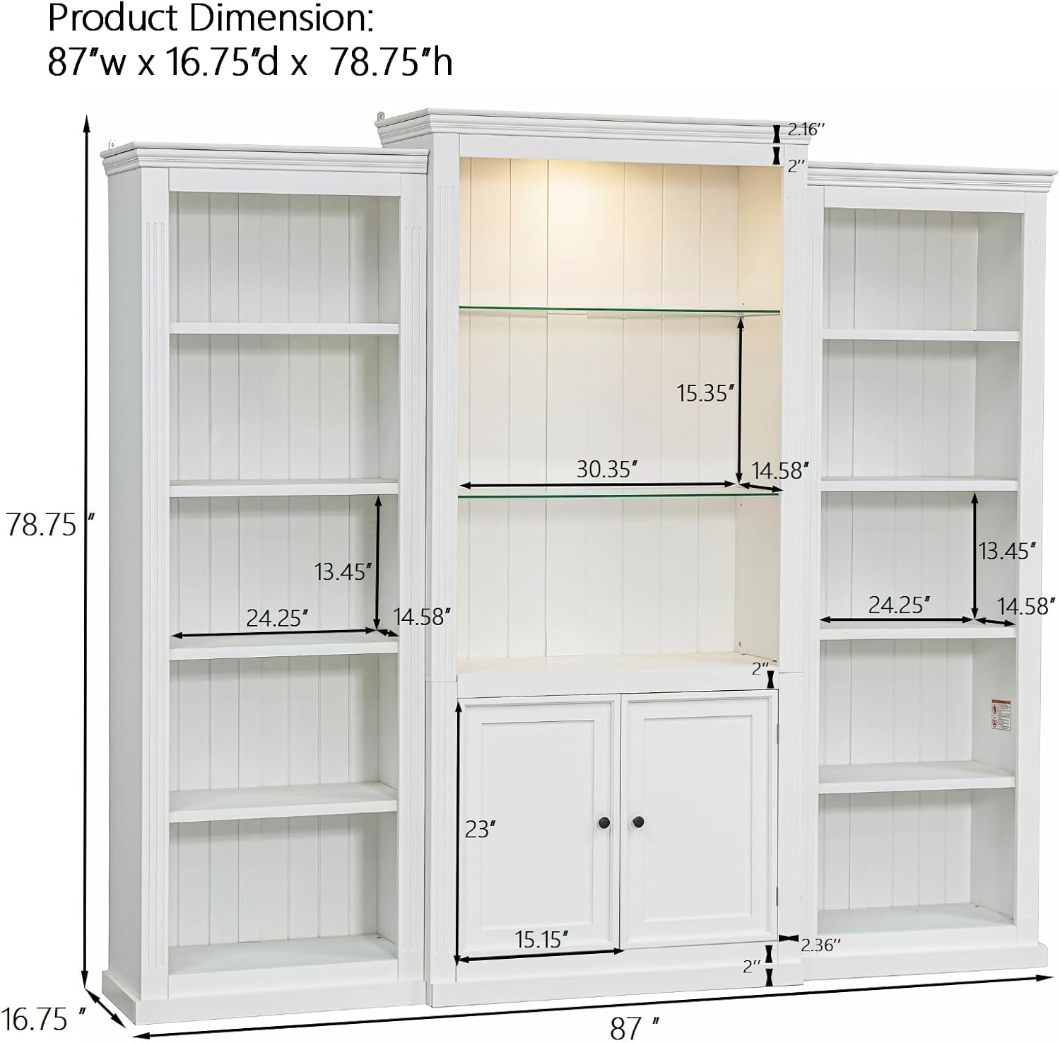 LUMISOL 78.75” Tall 3-Piece Bookcase, Display Cabinet with LED Ceiling Light, Retro Style Bookshelves with Tempered Glass Shelves for Living Room, Office, Studio or Workspace, Brown
