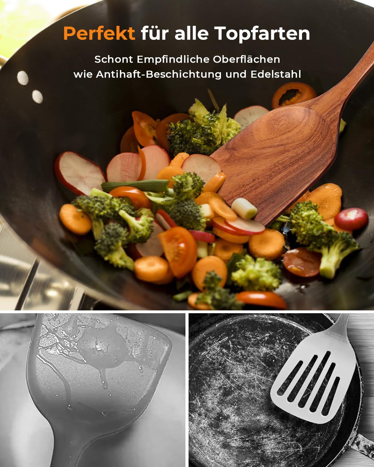 Mooues Kochlöffel Holz Set 10 Stück+ Pizzaschieber Aluminium mit Faltbarer Griff