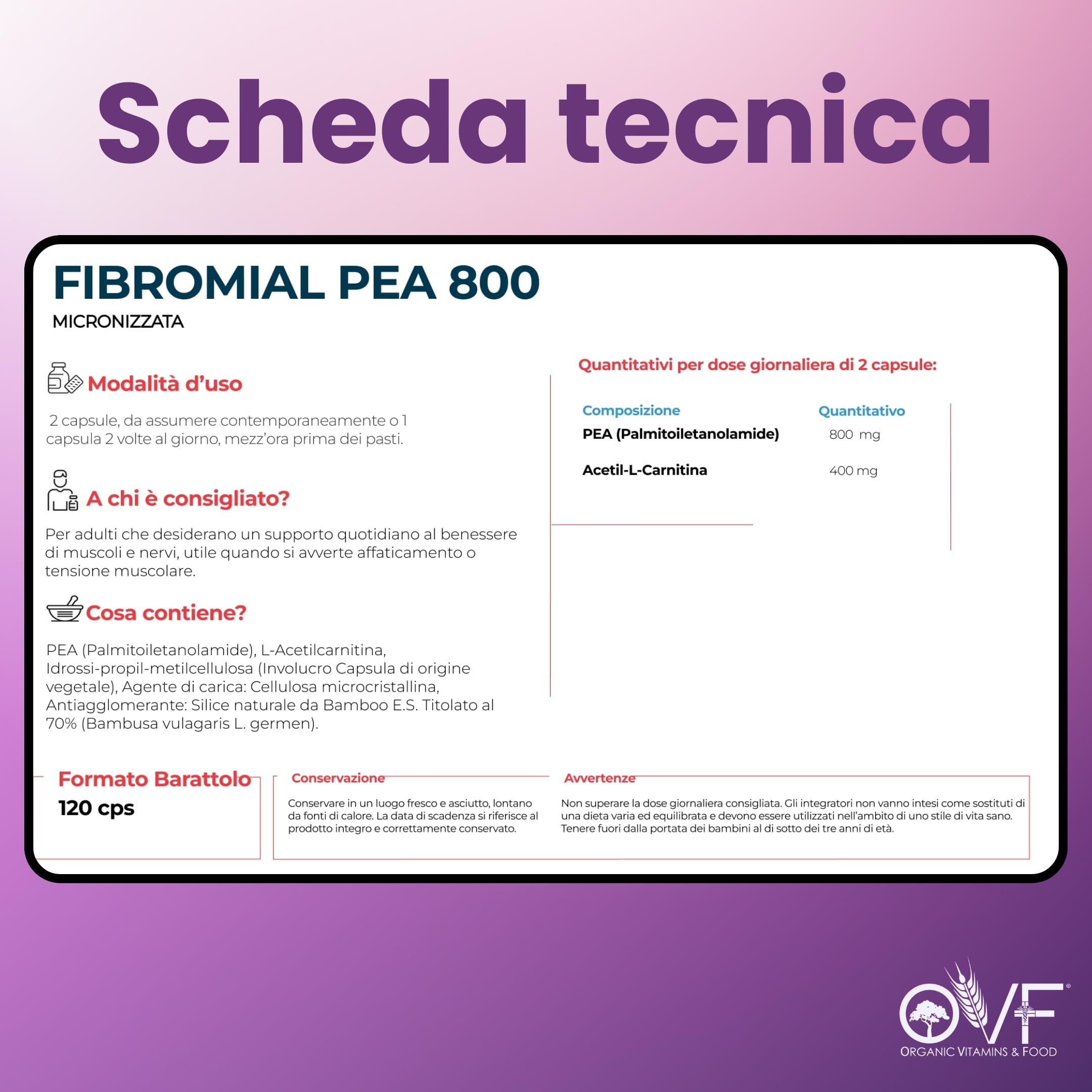 OVF Fibromial PEA 800 120cps Integratore Naturale 100% con Palmitoiletanolamide 800 L Acetil Carnitina 400 Senza Eccipienti, Supporto al Benessere di Nervi e Muscoli per Disturbi Diffusi Made In Italy