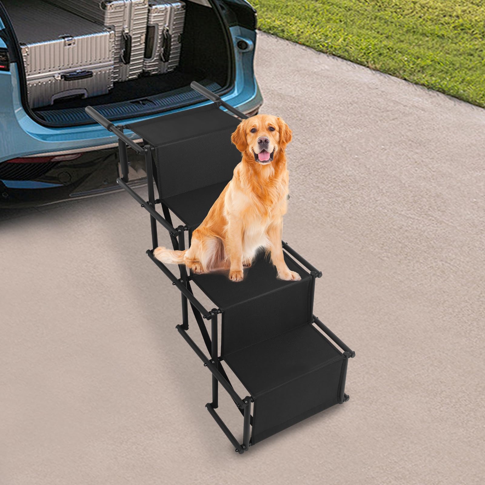ROMYIX Foldable Dog Ramp, Portable Dog Steps for Cars, Non-Slip Safety Dog Ramps Lightweight Pet Dog Stairs Supports up to 80KG