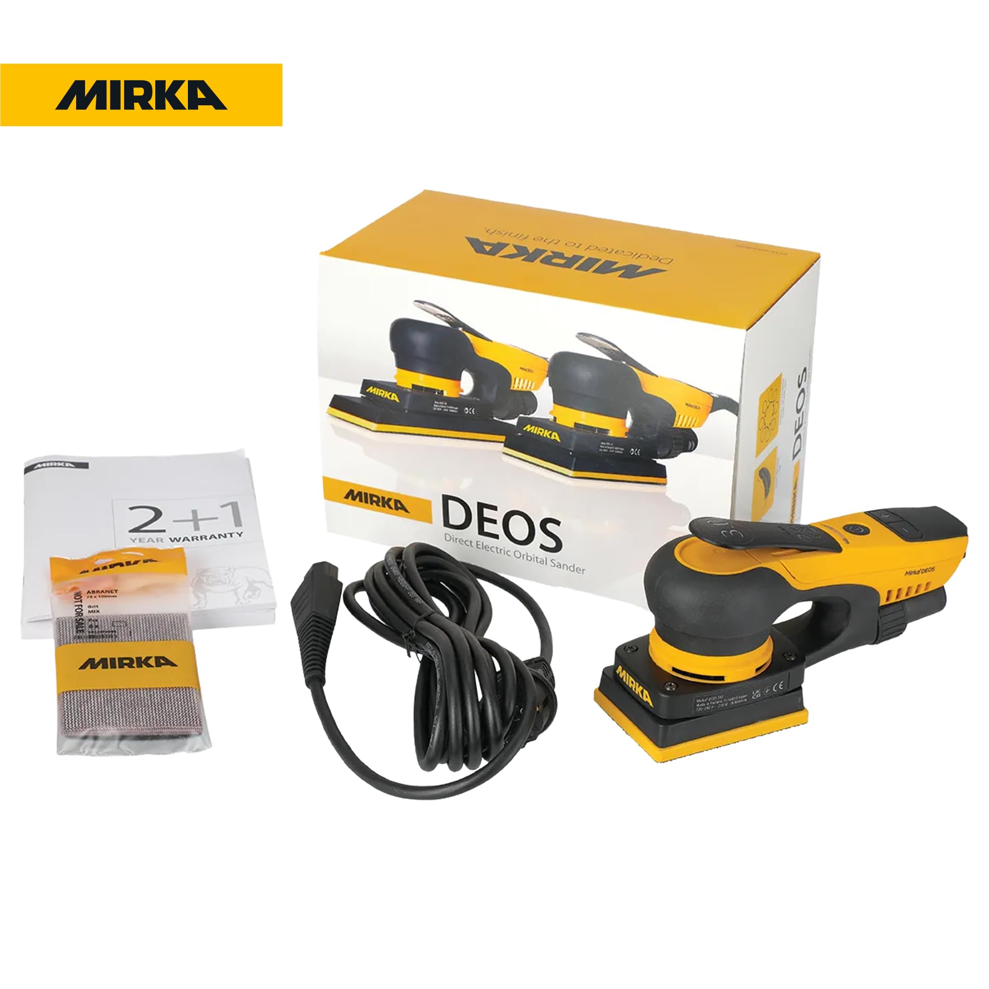 Mirka DEOS - Levigatrice elettrica portatile, compatta 7,6 x 10,2 cm, con orbita da 3 mm, motore senza spazzole, design leggero ed ergonomico, ideale per legno, mobili, finestre e porte, levigatura