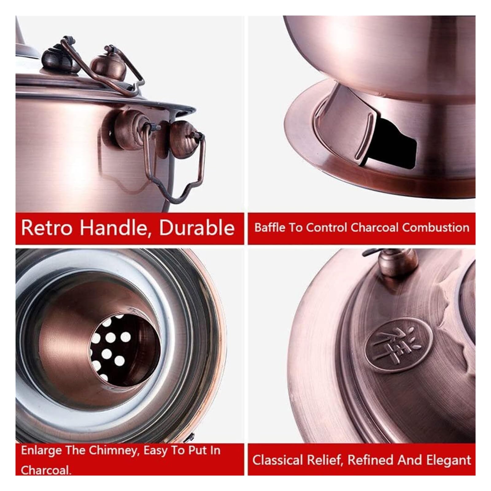 SAeWare Pentola calda cinese in rame, pentola calda in acciaio inox, pentola tradizionale cinese con camino per casa, feste, ristorante, argento, 32 cm