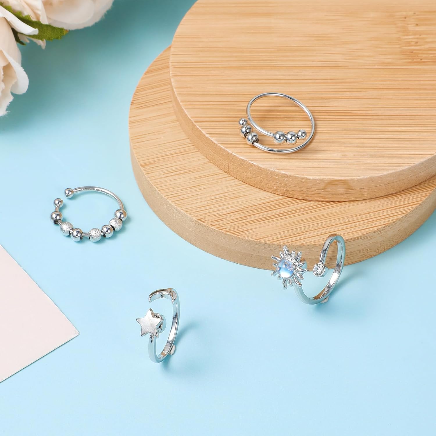 Sibba Fidget Rings for Women 4 PCS Adjustable Spin Fidget Rings for Stress Relief ADHD Anxiety & Focus Rotating Sun Moon Star Beads Silver Sensory Ring Adult Fidgets Toys for Anxiety Relief