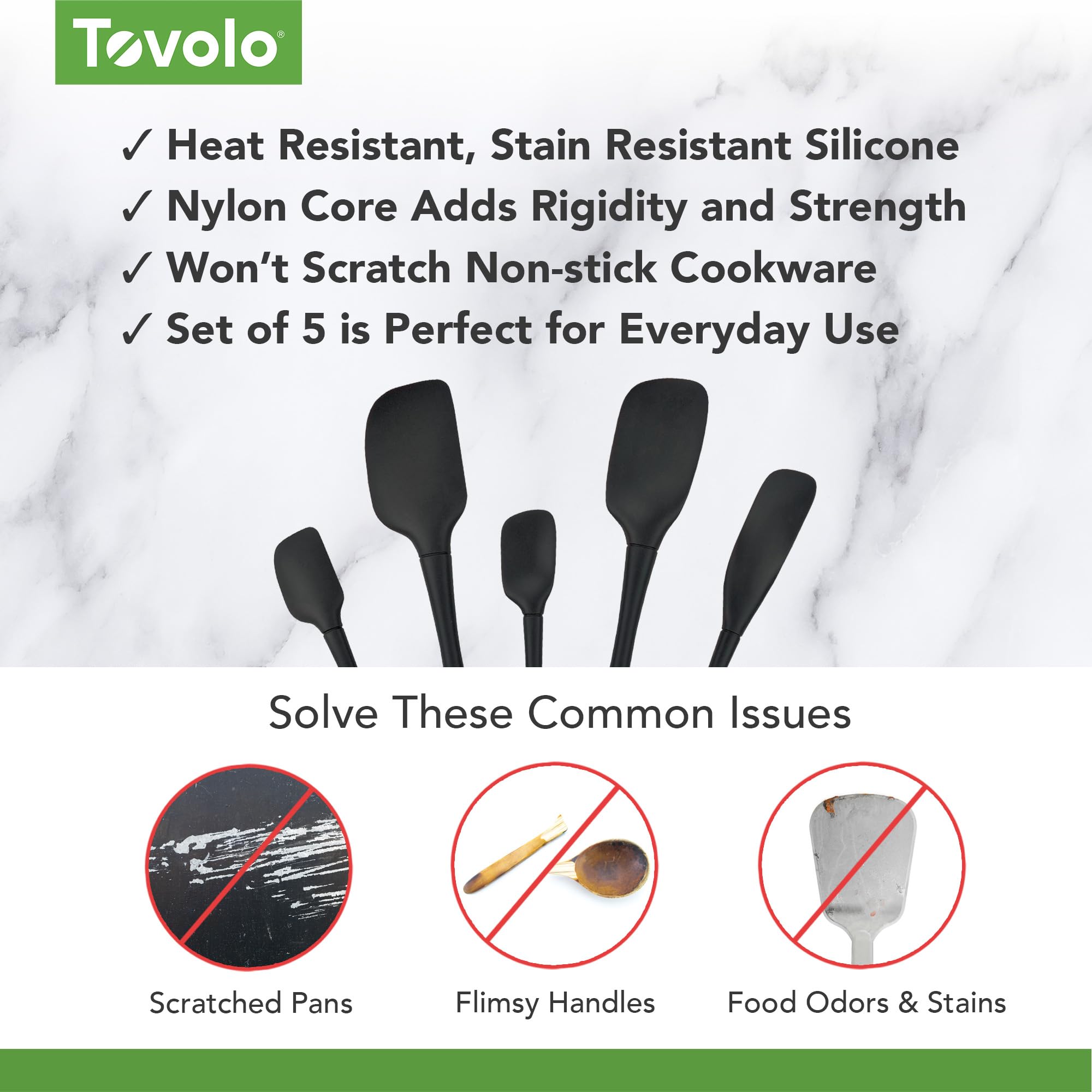 Tovolo Flex Core 5-teiliges Silikon-Spatel-Set, hitzebeständig, alle Silikon-Utensilien enthalten Antihaft-Pfannenwender, Löffel, Glasschaber, spülmaschinenfest, BPA-frei, Spatel zum Backen, Mischen