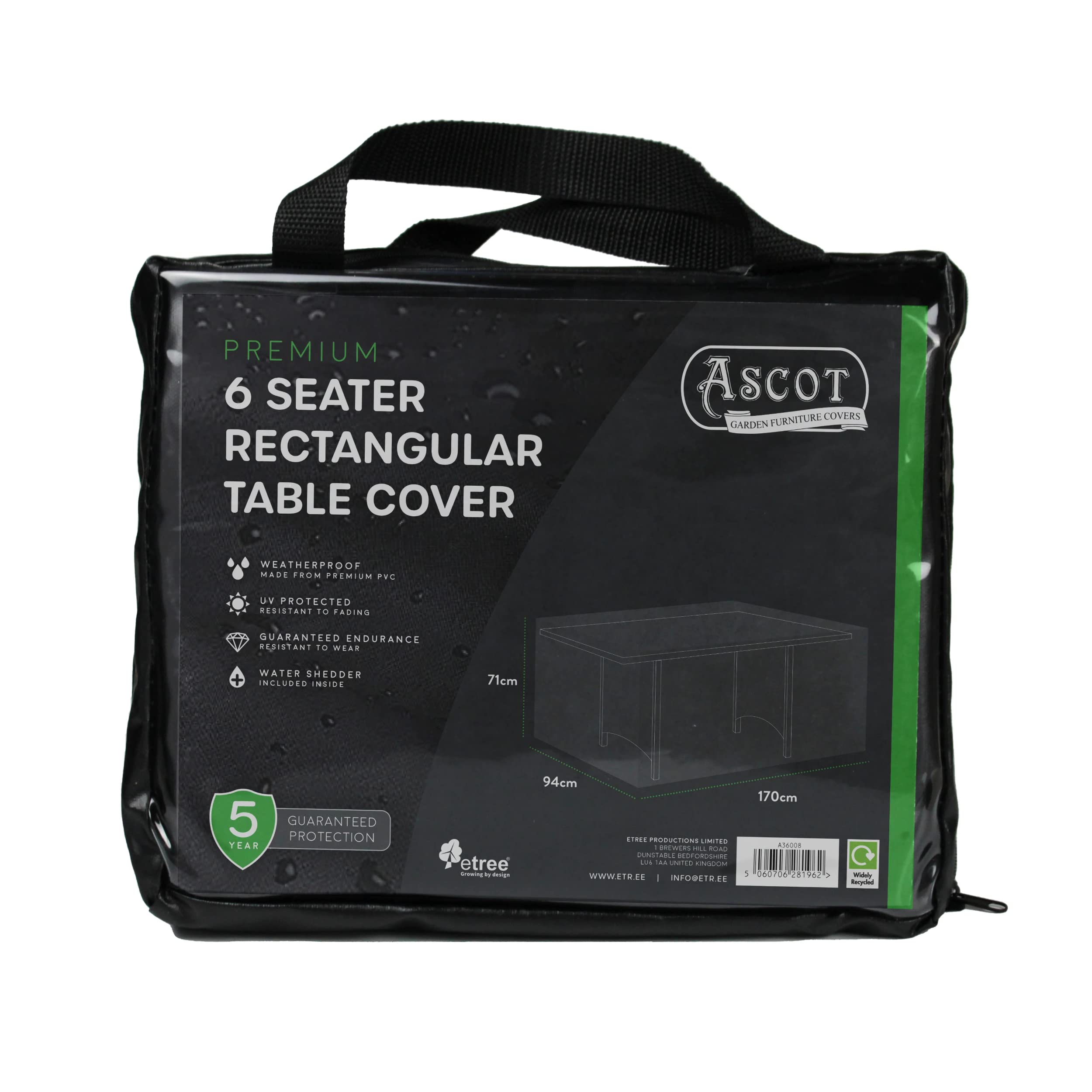 Ascot Garden Furniture Covers Black Ascot Premium Rectangular 6 Seater Table Cover - 170 X 94 X 71 (H) Cm Deep