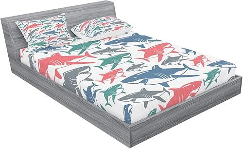 Miniatura 2 de Ambesonne Juego de sábanas bajeras y fundas de almohada, mezcla de coloridos patrones de familia de tiburones toros maestros supervivencia