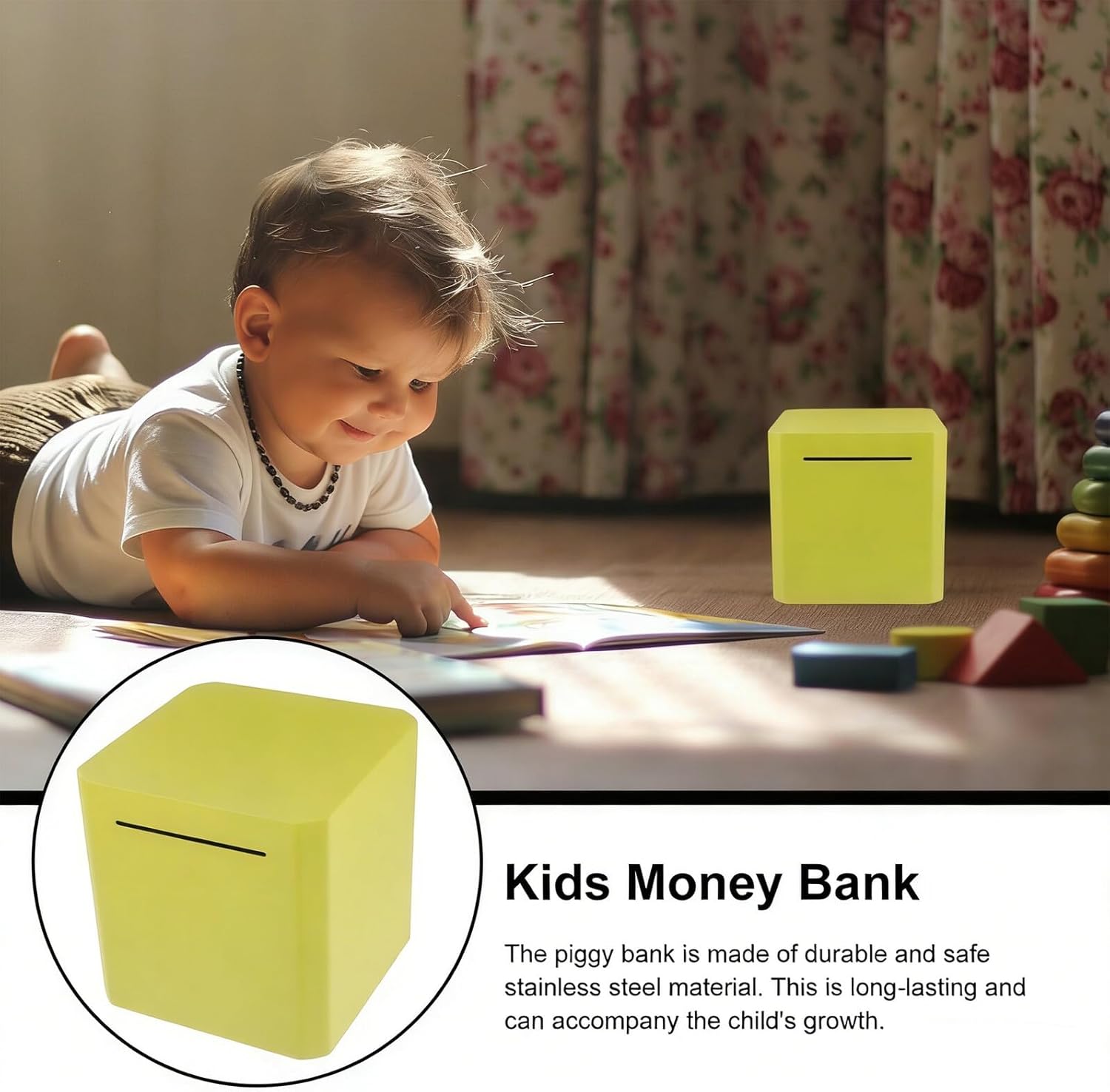 Stainless Steel Unopenable Piggy Bank Money Saving Jar and Adults 15x15x15cm Yellow Coin Savings Box