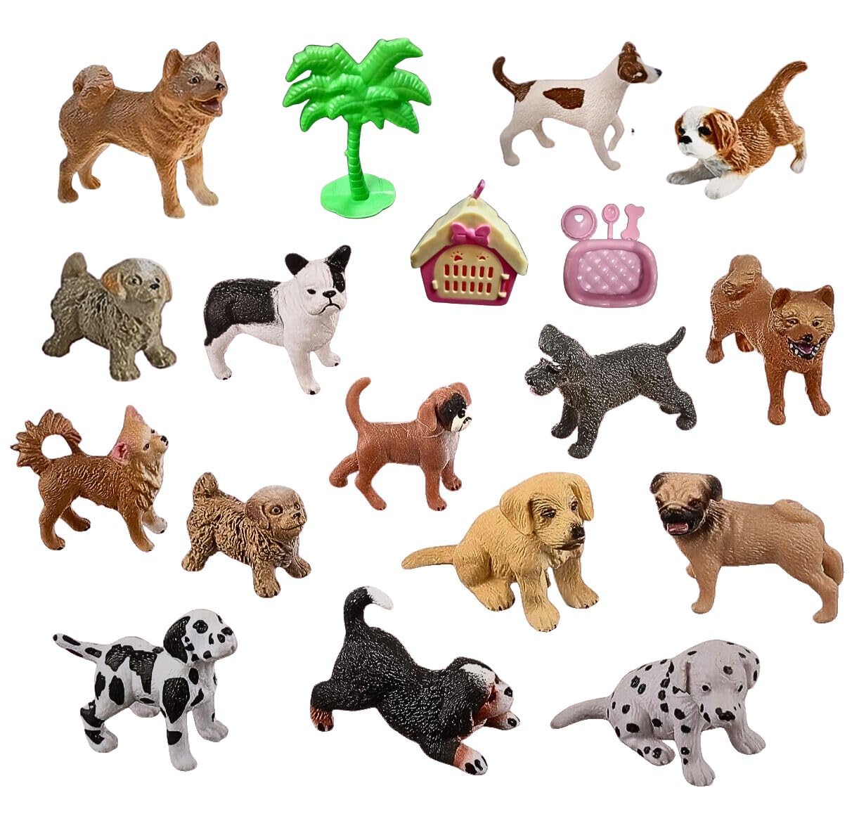Pack of 18 Mini Dog Figurine Set – 15 Realistic Dog Breeds with House, Tree, and Playset – Hand Painted Puppy Figures for Kids, Toddlers, and Collectors