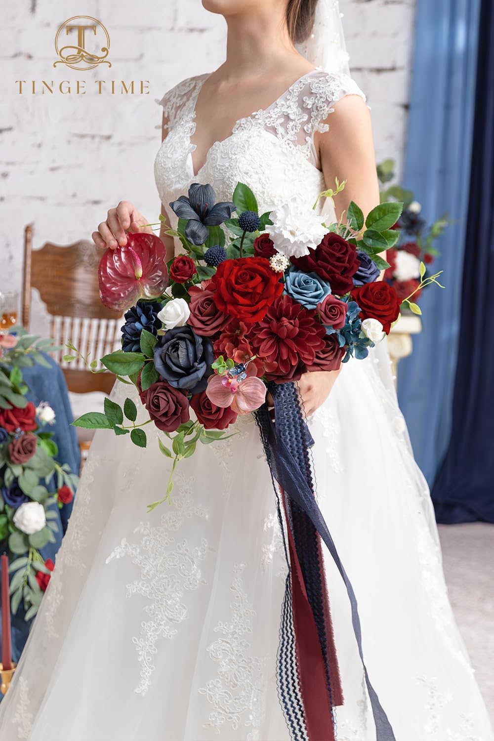 TINGE TIME 11 inch Wedding Bouquets for Bride, Burgendy Navy Artificial Flowers Bridal Bouquet, Brides & Bridesmaids Bouquet for Wedding Anniversary Ceremony Bridal Shower Decorations