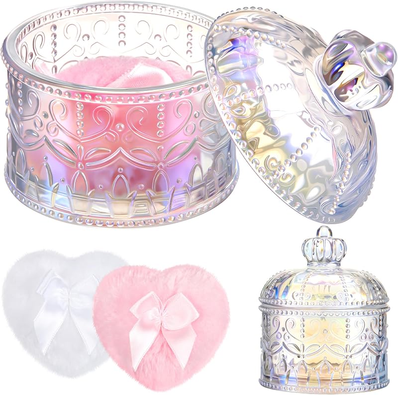 Tioncy Conjunto com 3 Peças para Pó com Recipiente de Vidro e Puffs, Crown, Glitter