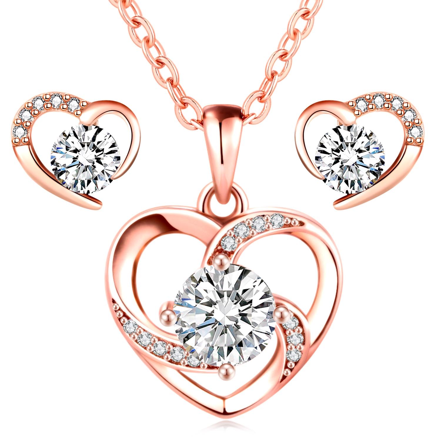 925 Sterling Silber Schmuckset für Frauen | Herz Halskette mit Moissanit & Herz Ohrstecker | Wahlweise in Weißgold oder Roségold | Geschenk Set für Valentinstag & Weihnachten