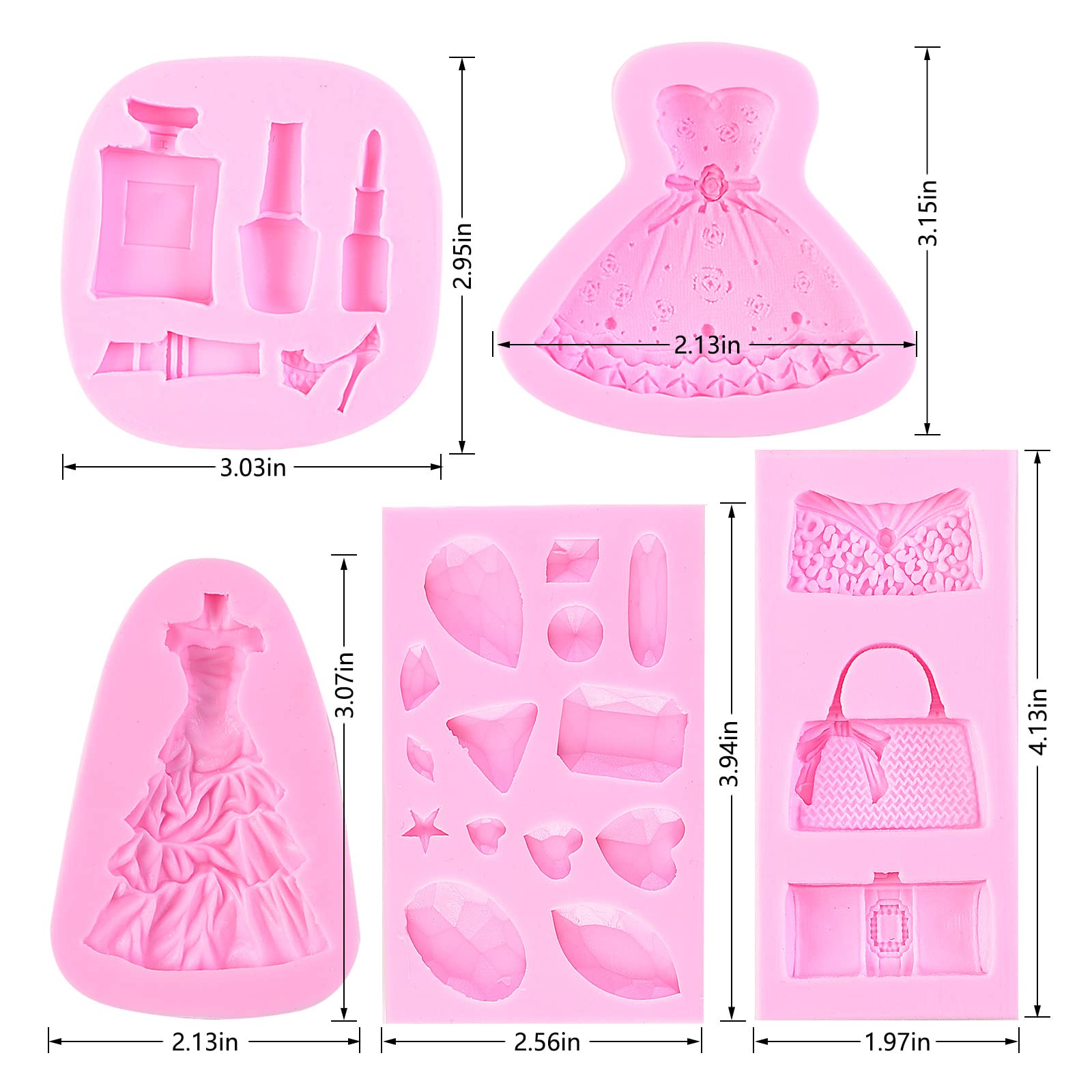 Makeup Fondant Molds, Gem High Heel Candy Chocolate Lipstick Cake Decoration Silicone Molds (5Pack) for Queen Theme Party, Princess Dress Handbag Perfume Resin Clay Tools for a Birthday and Wedding